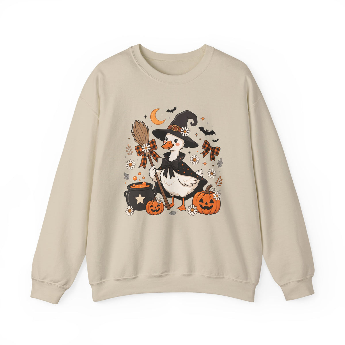 Halloween Duck Witch Crewneck Sweatshirt — Cute Pumpkin & Cauldron Graphic