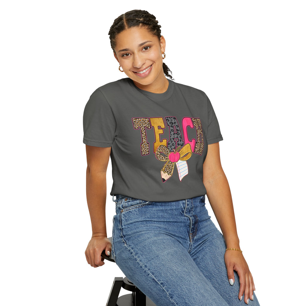 Teacher Graphic Tee — 'TEACH' Leopard Print Pencil Bow Design