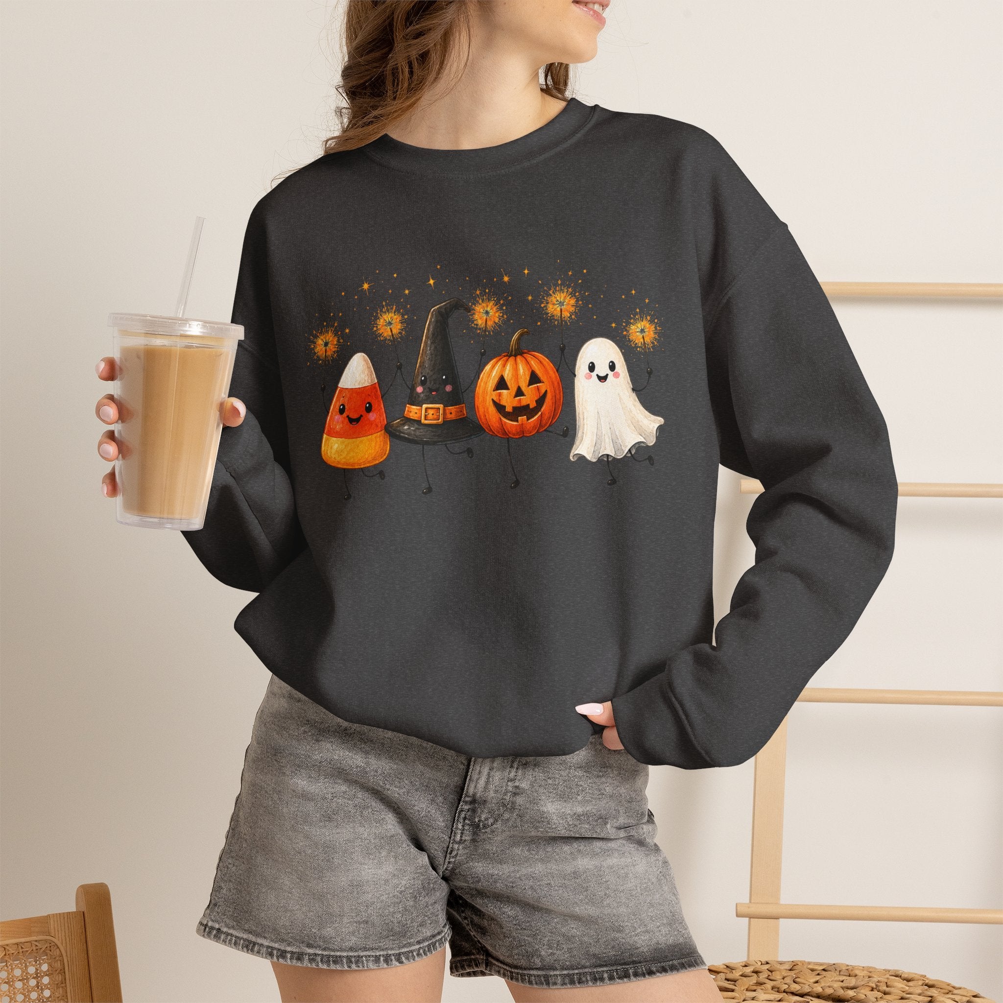Halloween Friends Crewneck Sweatshirt — Cute Candy Corn, Witch Hat, Jack-o'-Lantern & Ghost Design