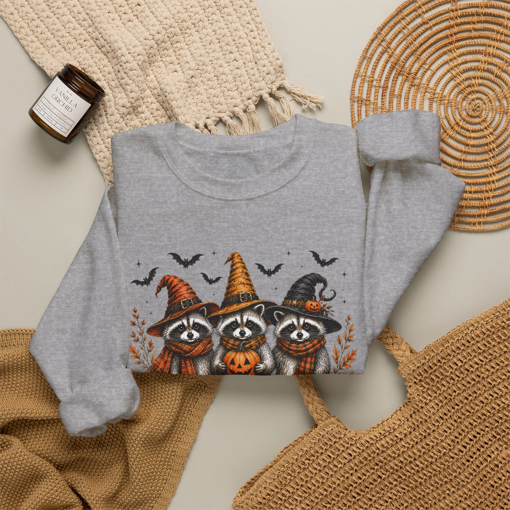 Halloween Raccoon Crewneck Sweatshirt — Cute Witch Hats & Pumpkin Design