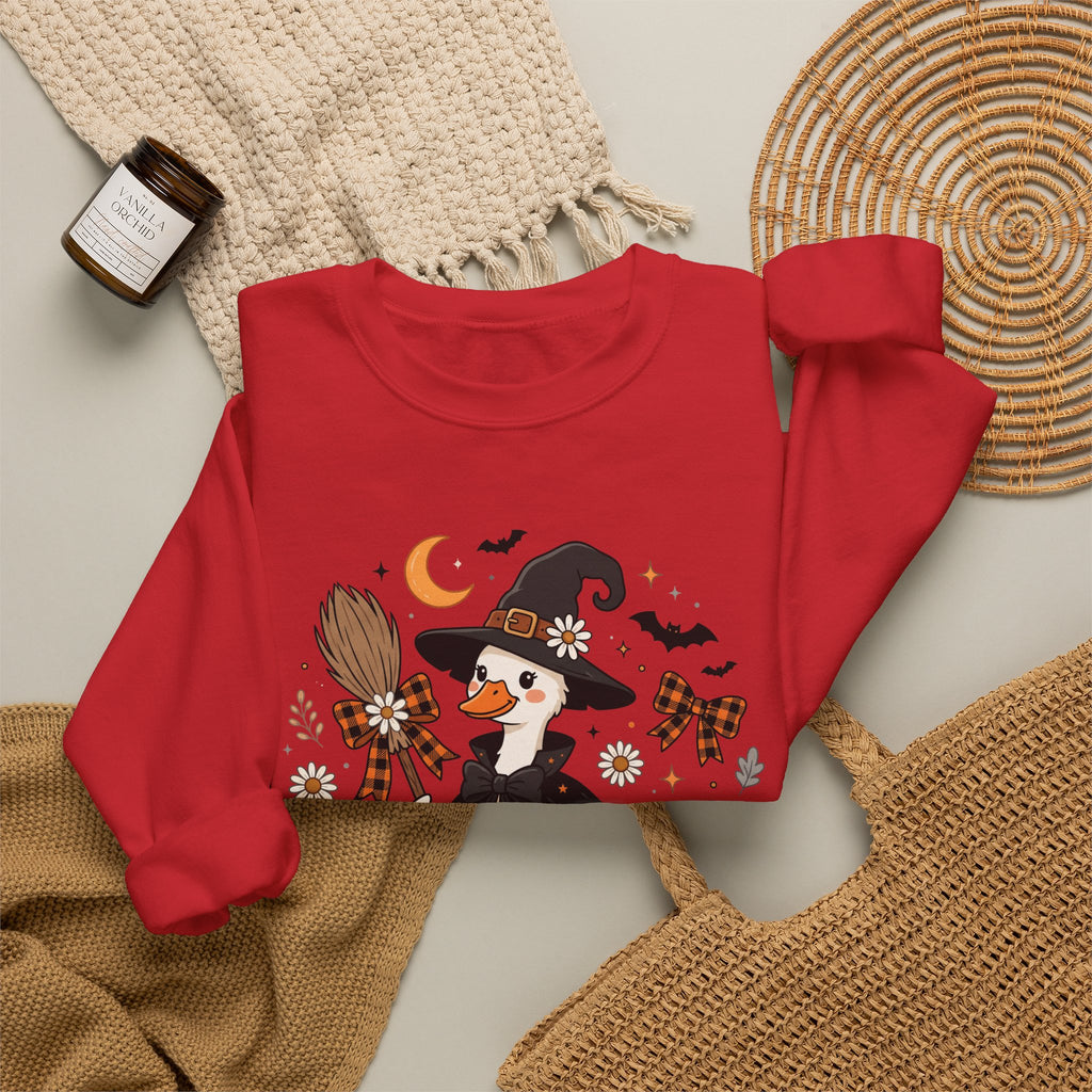 Halloween Duck Witch Crewneck Sweatshirt — Cute Pumpkin & Cauldron Graphic