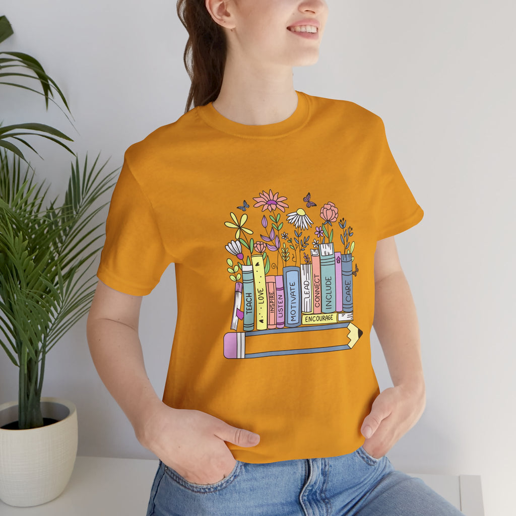 Book Lover T‑Shirt — Teacher Floral Books & Pencil Illustration Tee