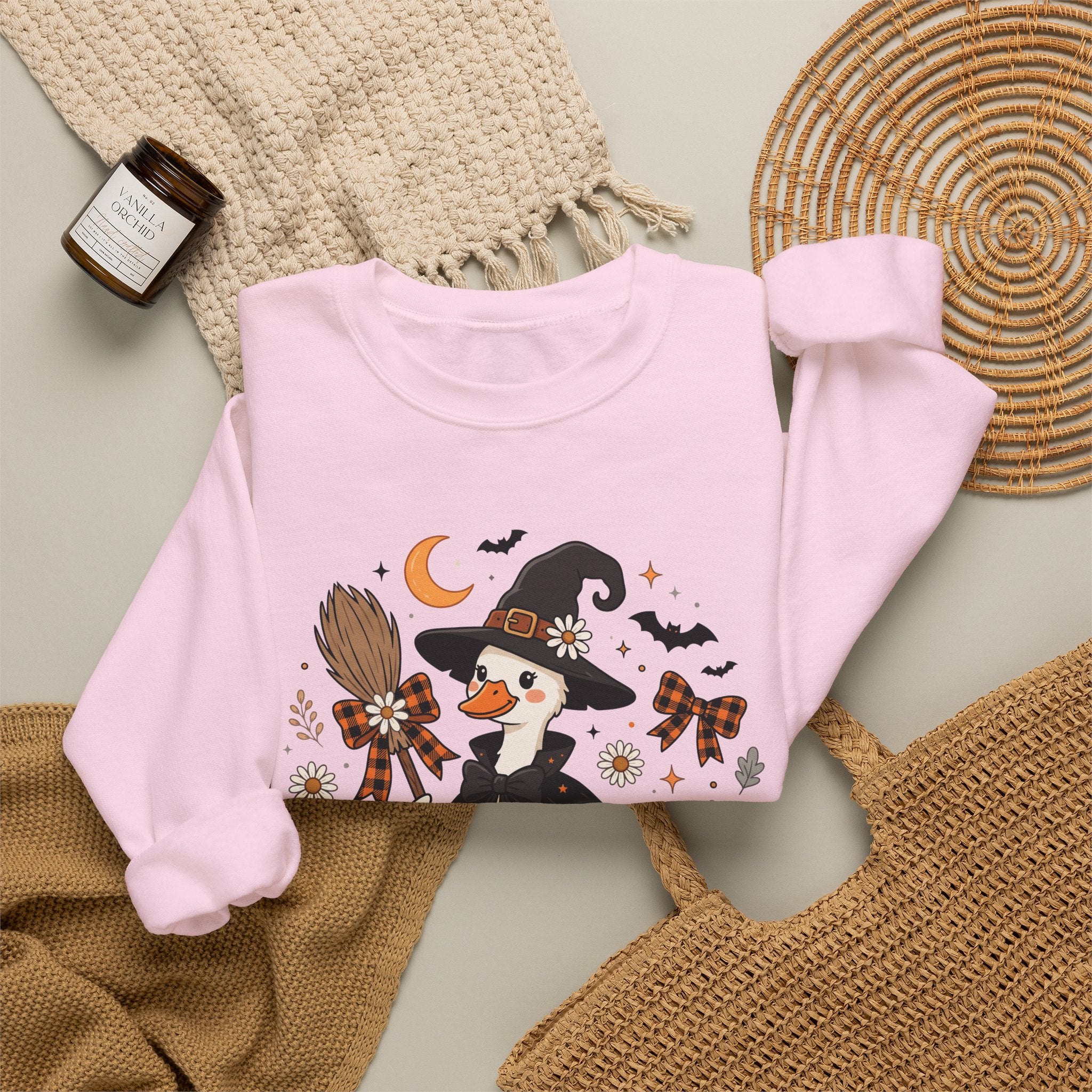 Halloween Duck Witch Crewneck Sweatshirt — Cute Pumpkin & Cauldron Graphic