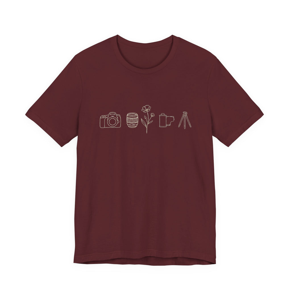 Photography Icons Tee — Minimal Camera, Film, Flower & Tripod Graphic Shirt