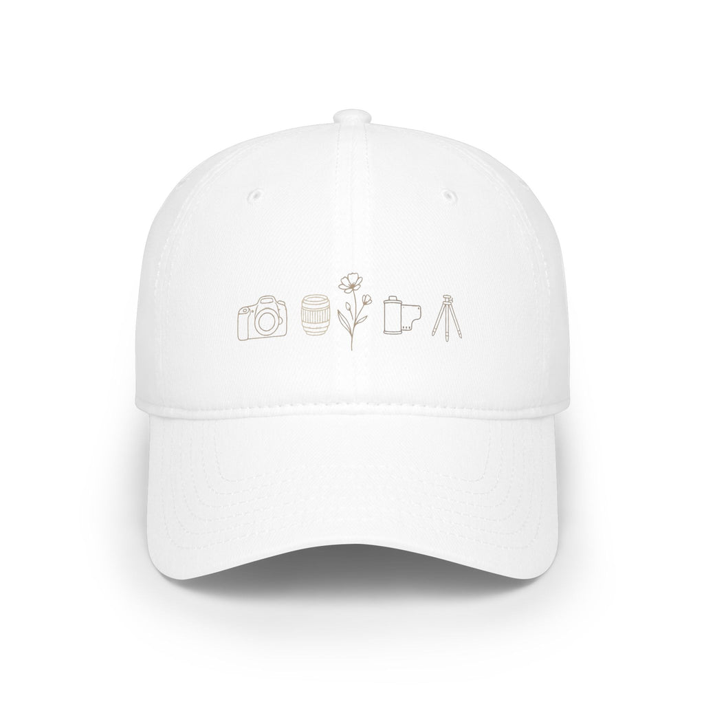 Photographer Icons Low Profile Baseball Cap — Camera, Lens, Tripod Design