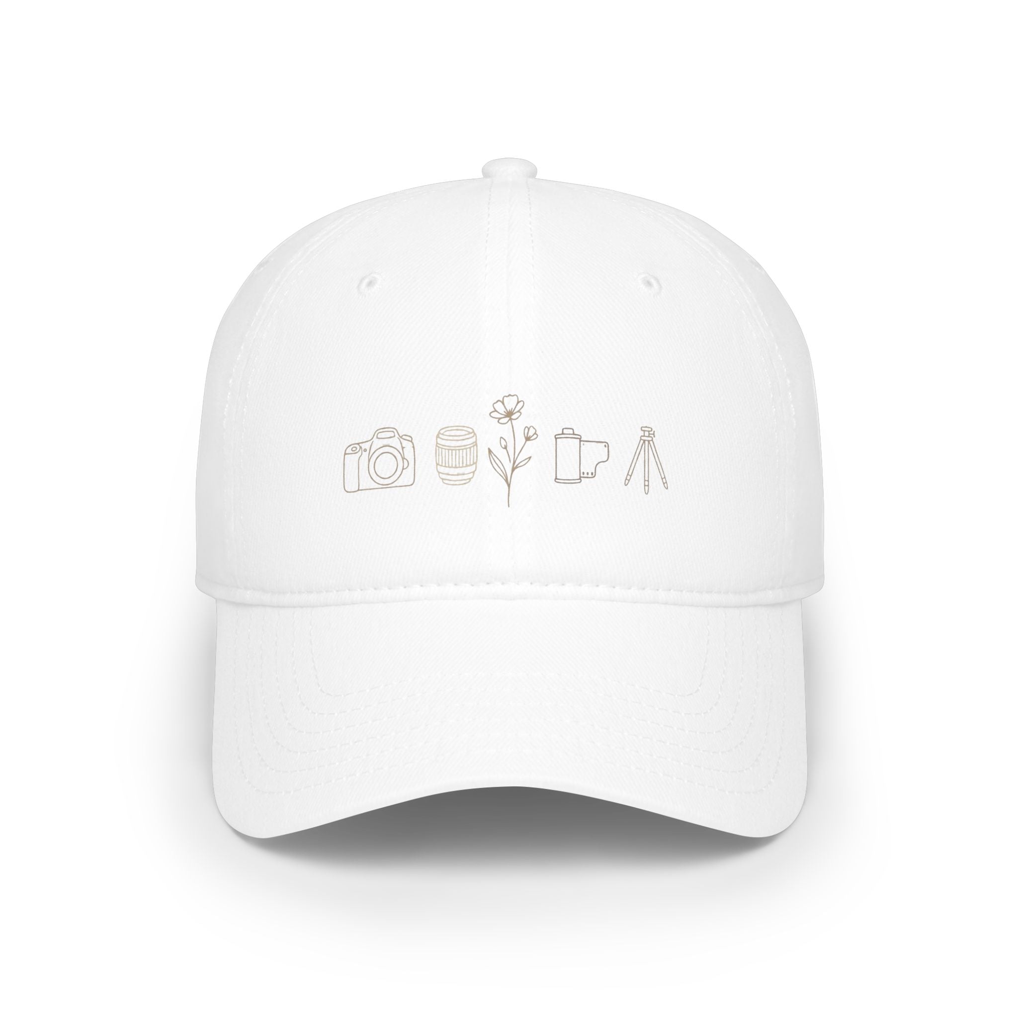 Photographer Icons Low Profile Baseball Cap — Camera, Lens, Tripod Design
