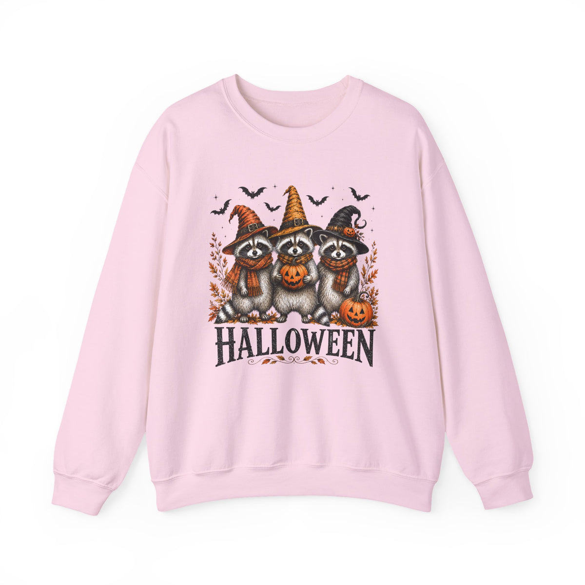 Halloween Raccoon Crewneck Sweatshirt — Cute Witch Hats & Pumpkin Design