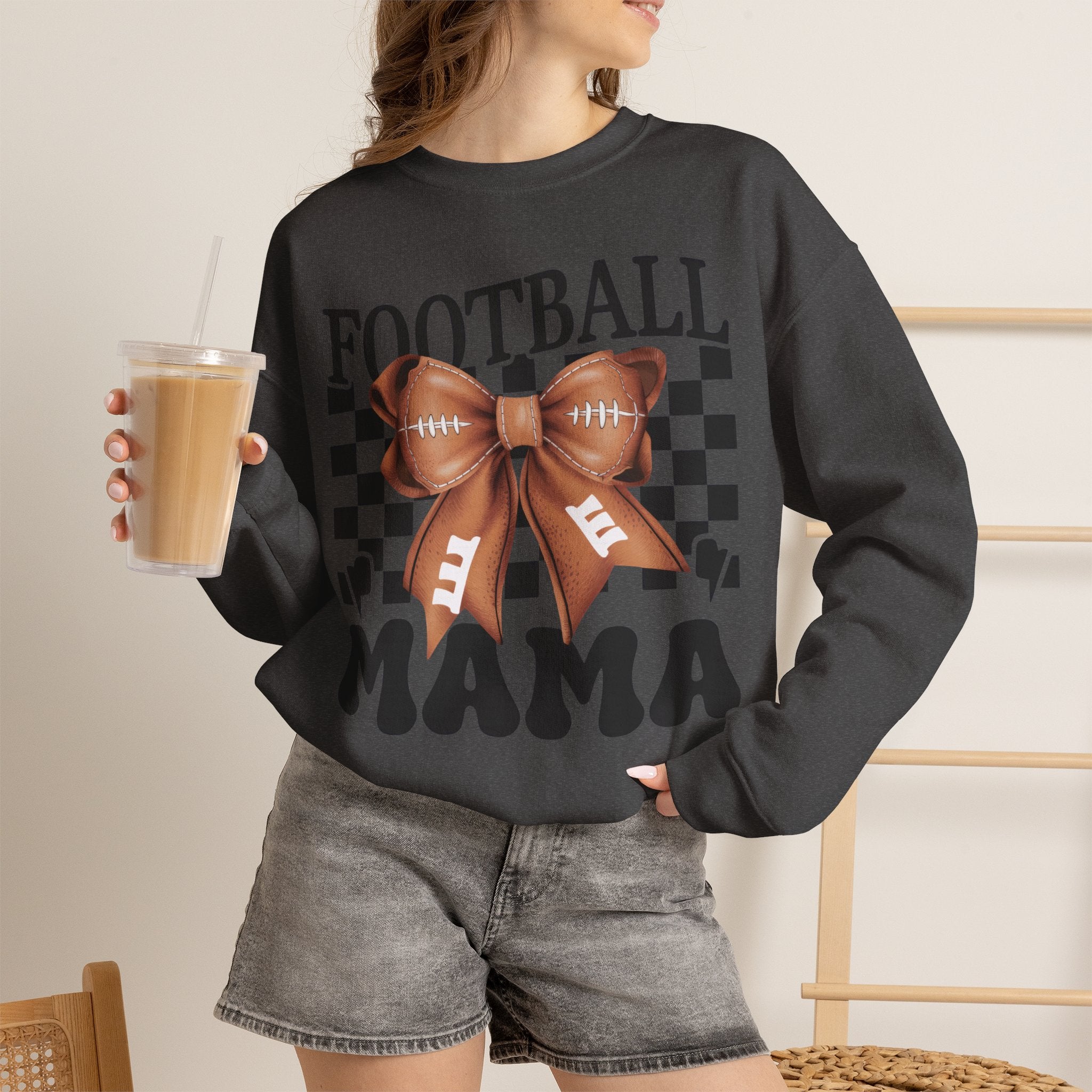 Football Mama Crewneck Sweatshirt — Retro Checkerboard Football Graphic