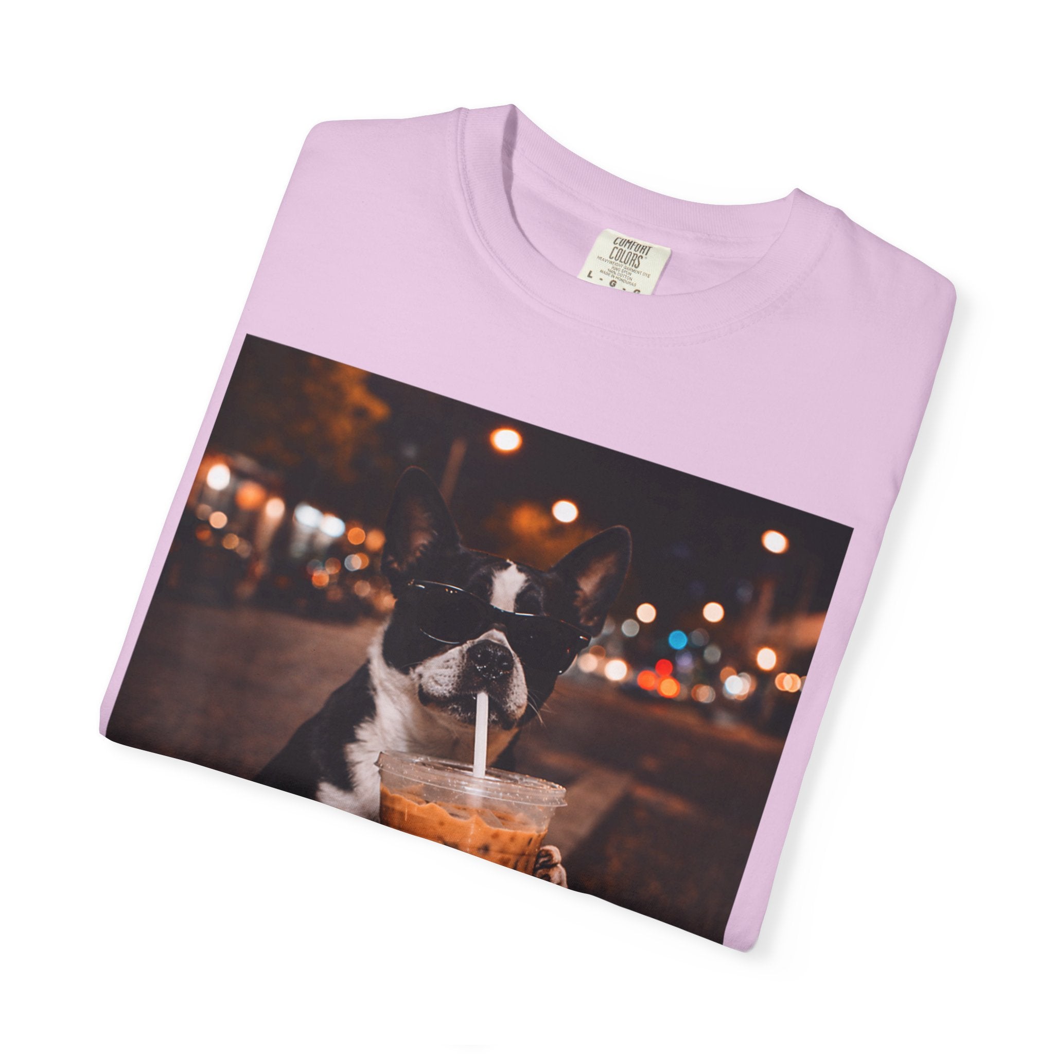 Boston Terrier Sipping Iced Coffee T-Shirt — Cute Dog Photo Tee