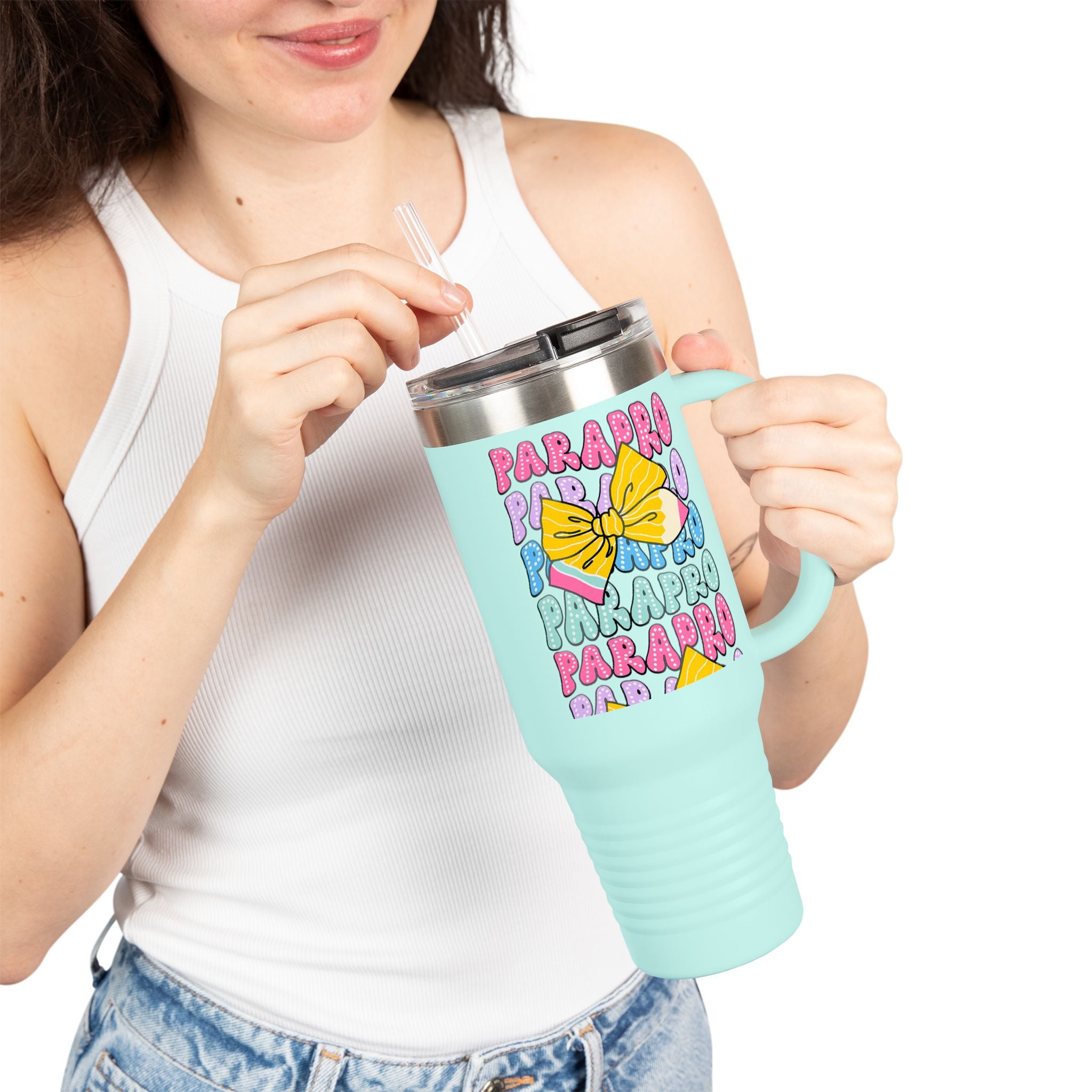 40oz Insulated Travel Mug — Colorful 'PARA' Pattern with Bow Design