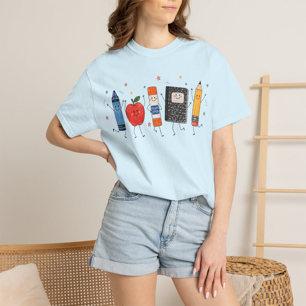 Cute School Supplies Teacher T-Shirt — Happy Apple, Crayon & Pencil Graphic Tee
