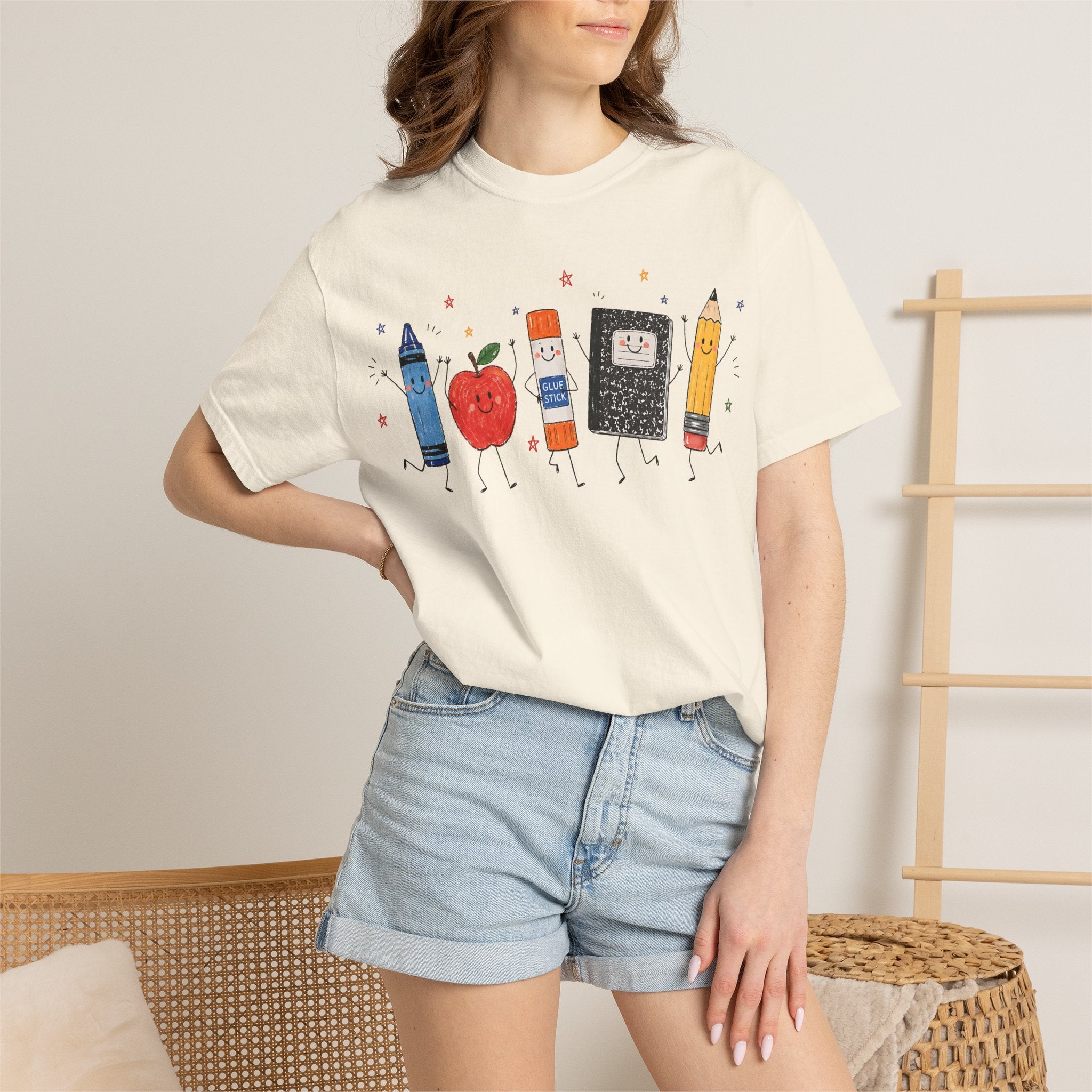 Cute School Supplies Teacher T-Shirt — Happy Apple, Crayon & Pencil Graphic Tee