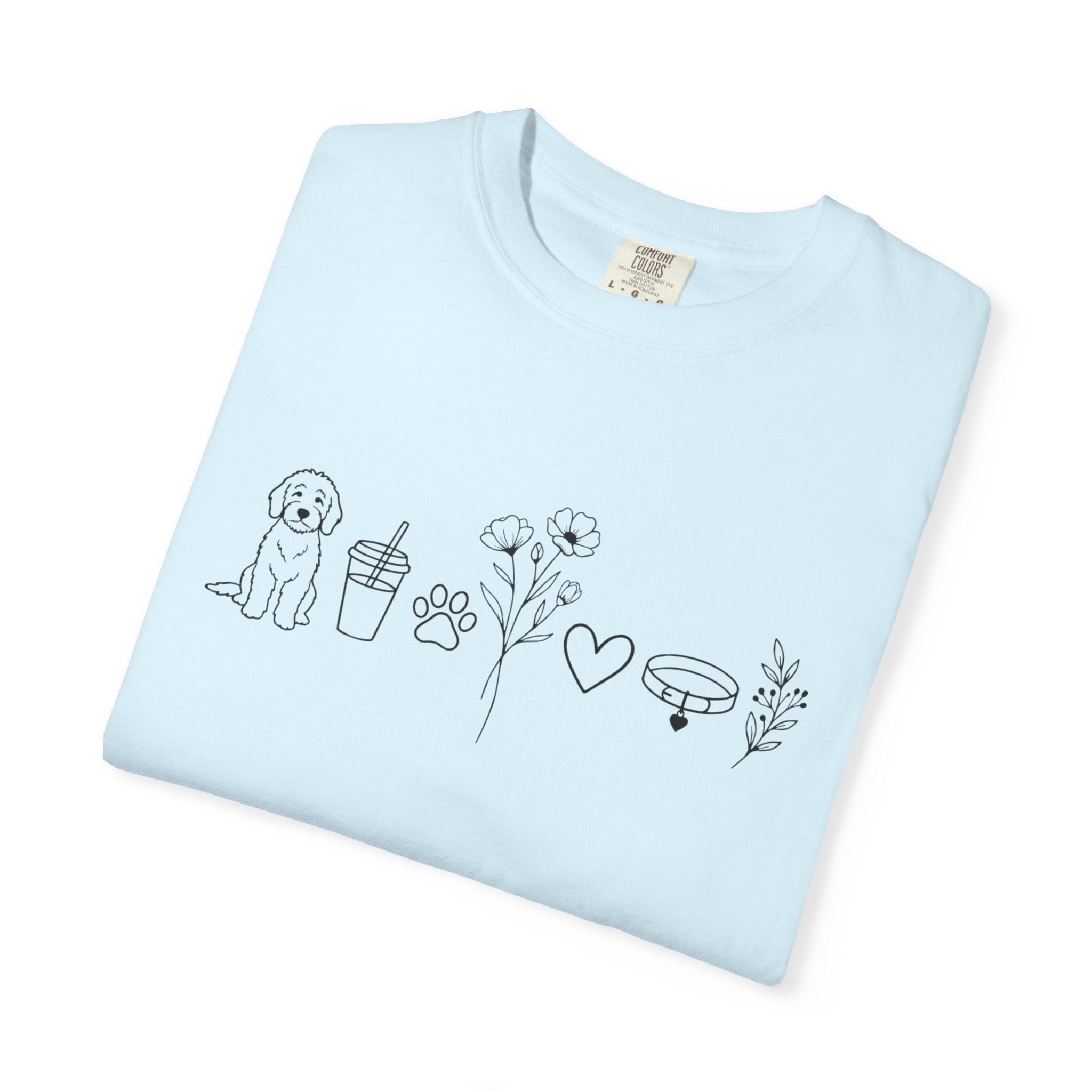 Minimal Doodle and Floral Icons T-Shirt — Coffee, Plants & Dog Line Art Tee
