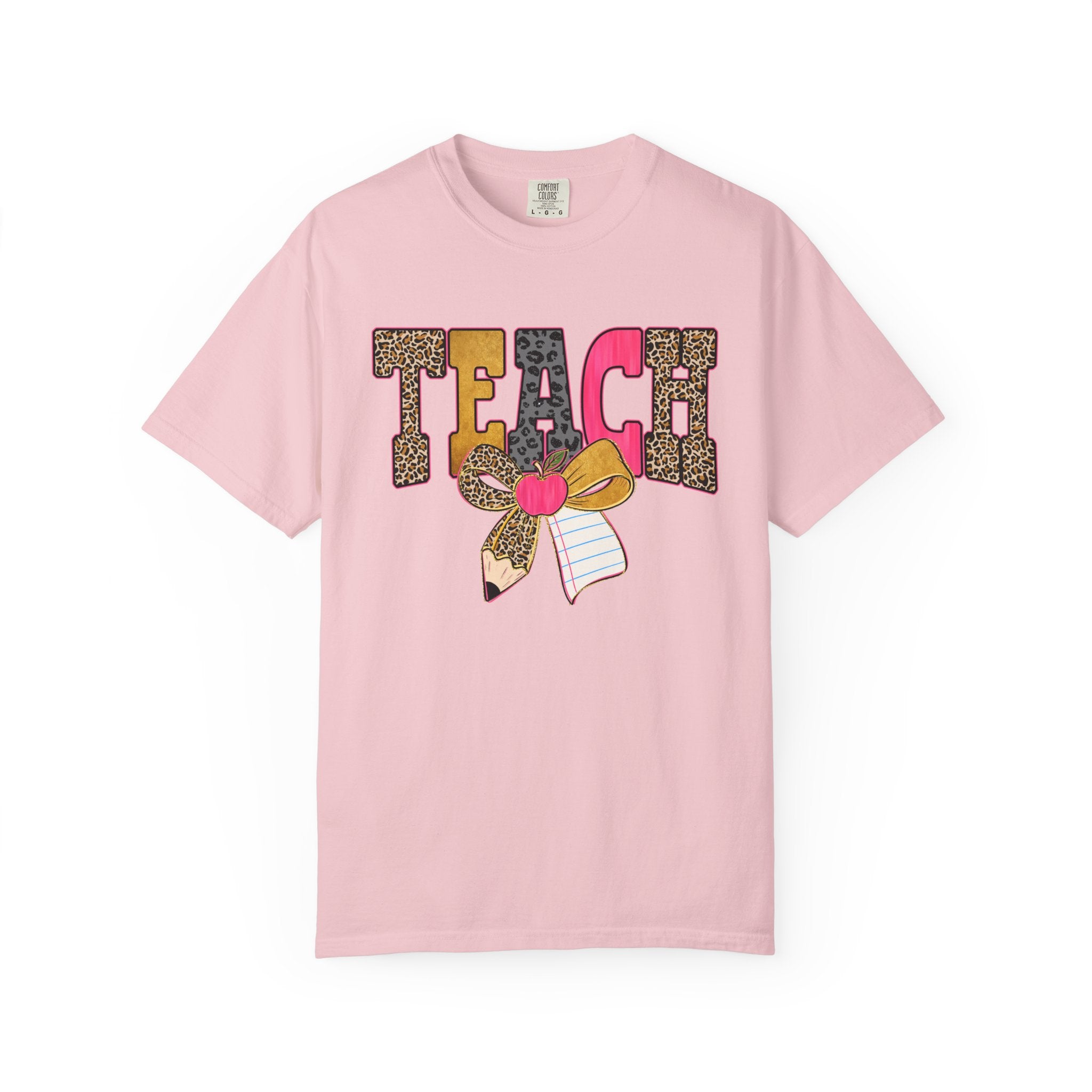 Teacher Graphic Tee — 'TEACH' Leopard Print Pencil Bow Design