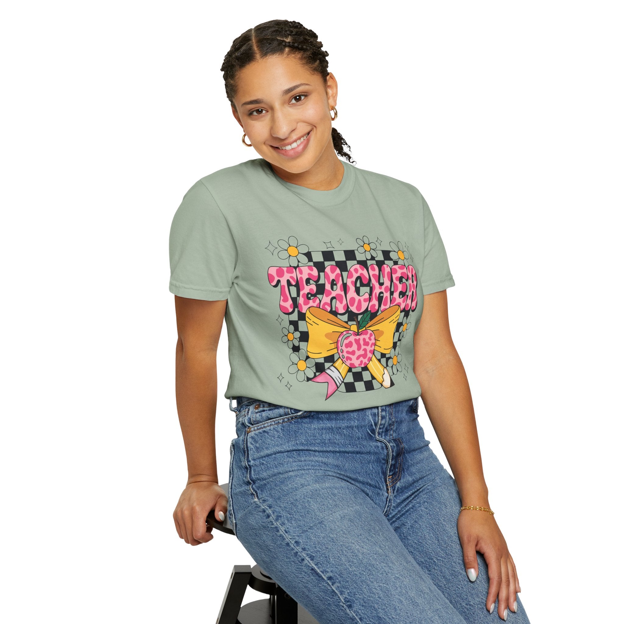 Teacher Floral Bow T‑Shirt — Cute Checkerboard & Heart Design for Educators