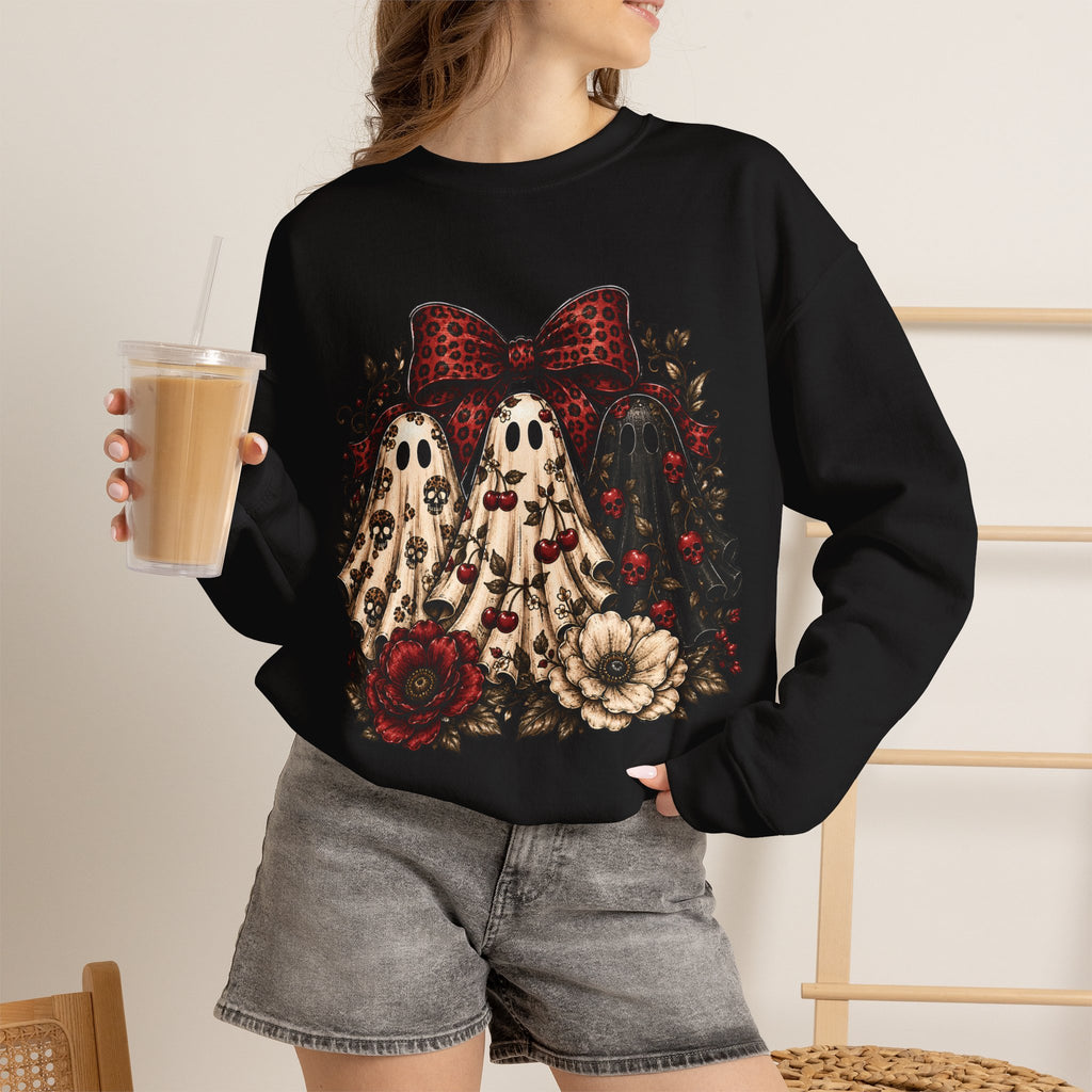 Ghost Trio Floral Crewneck Sweatshirt – Leopard Bow Halloween Pullover