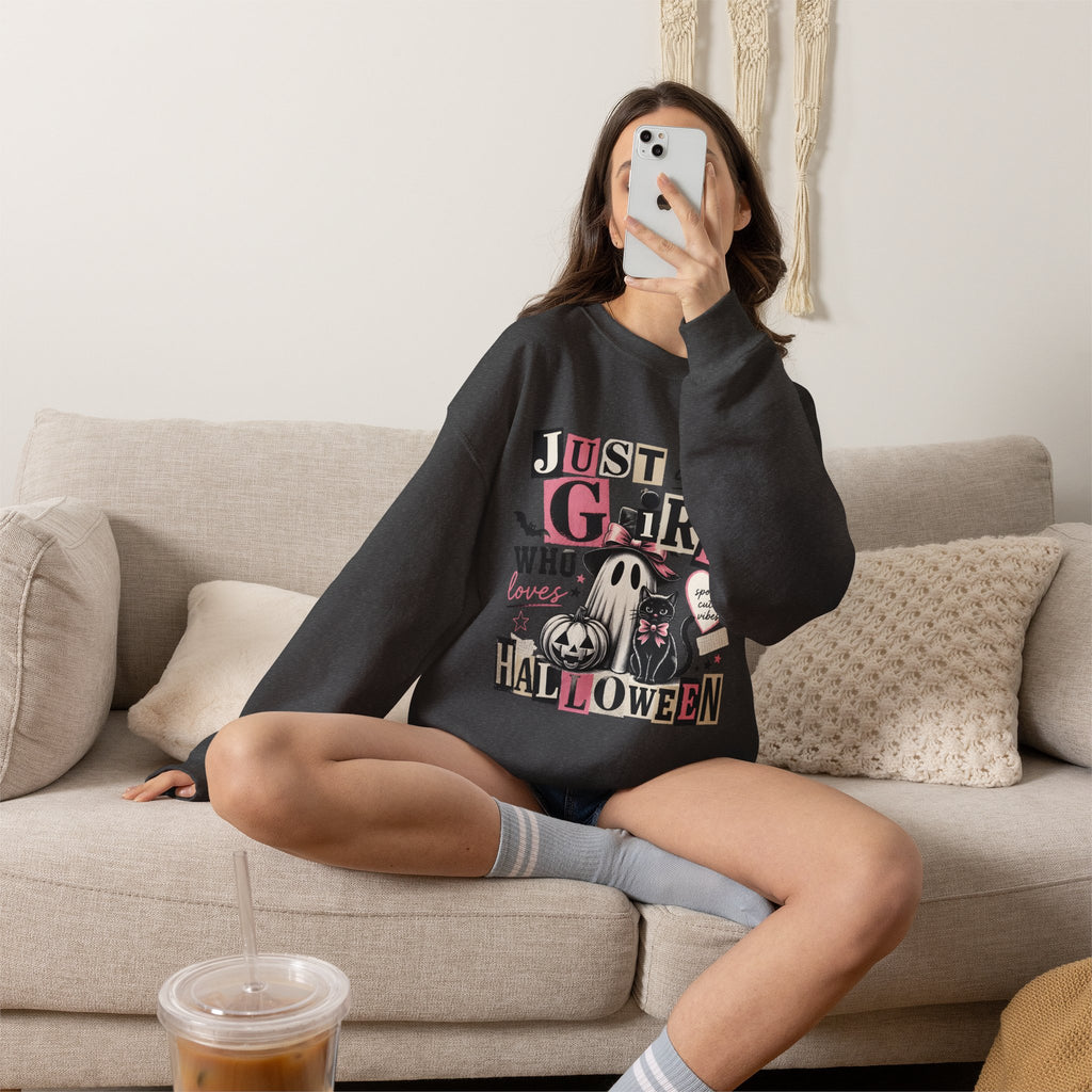Halloween Sweatshirt — "Just a Girl Who Loves Halloween" Cute Ghost & Pumpkin Crewneck