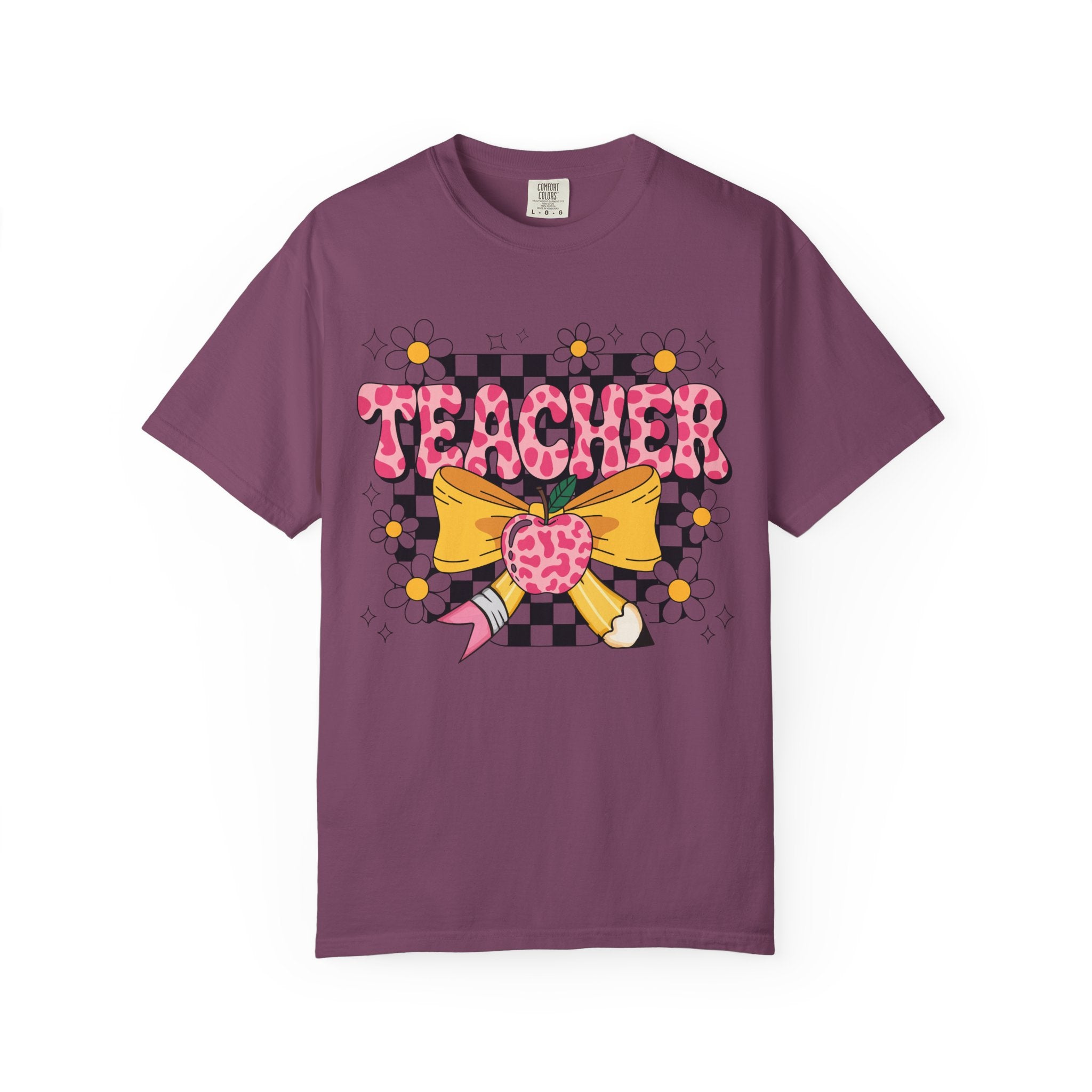 Teacher Floral Bow T‑Shirt — Cute Checkerboard & Heart Design for Educators