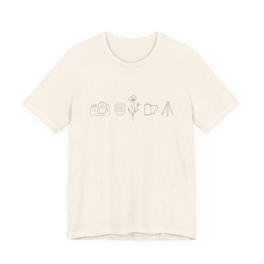 Photography Icons Tee — Minimal Camera, Film, Flower & Tripod Graphic Shirt