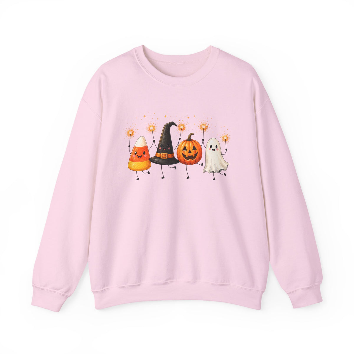Halloween Friends Crewneck Sweatshirt — Cute Candy Corn, Witch Hat, Jack-o'-Lantern & Ghost Design