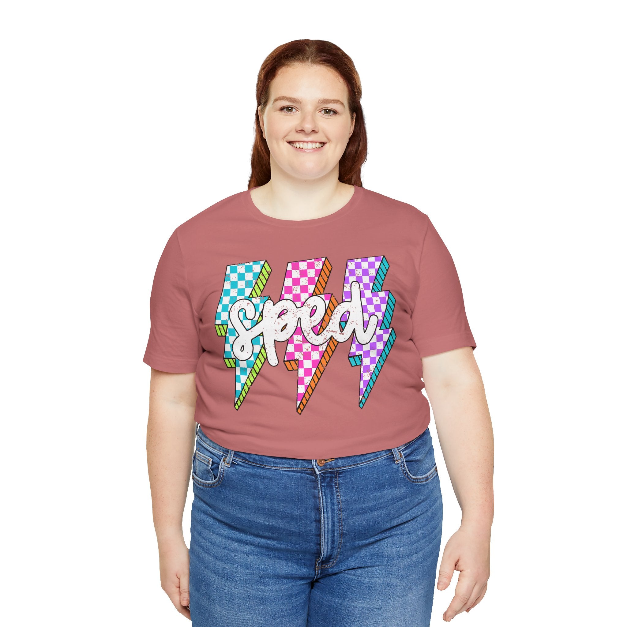 Speed Lightning Tee — Retro Checkerboard Bolt Graphic T-Shirt