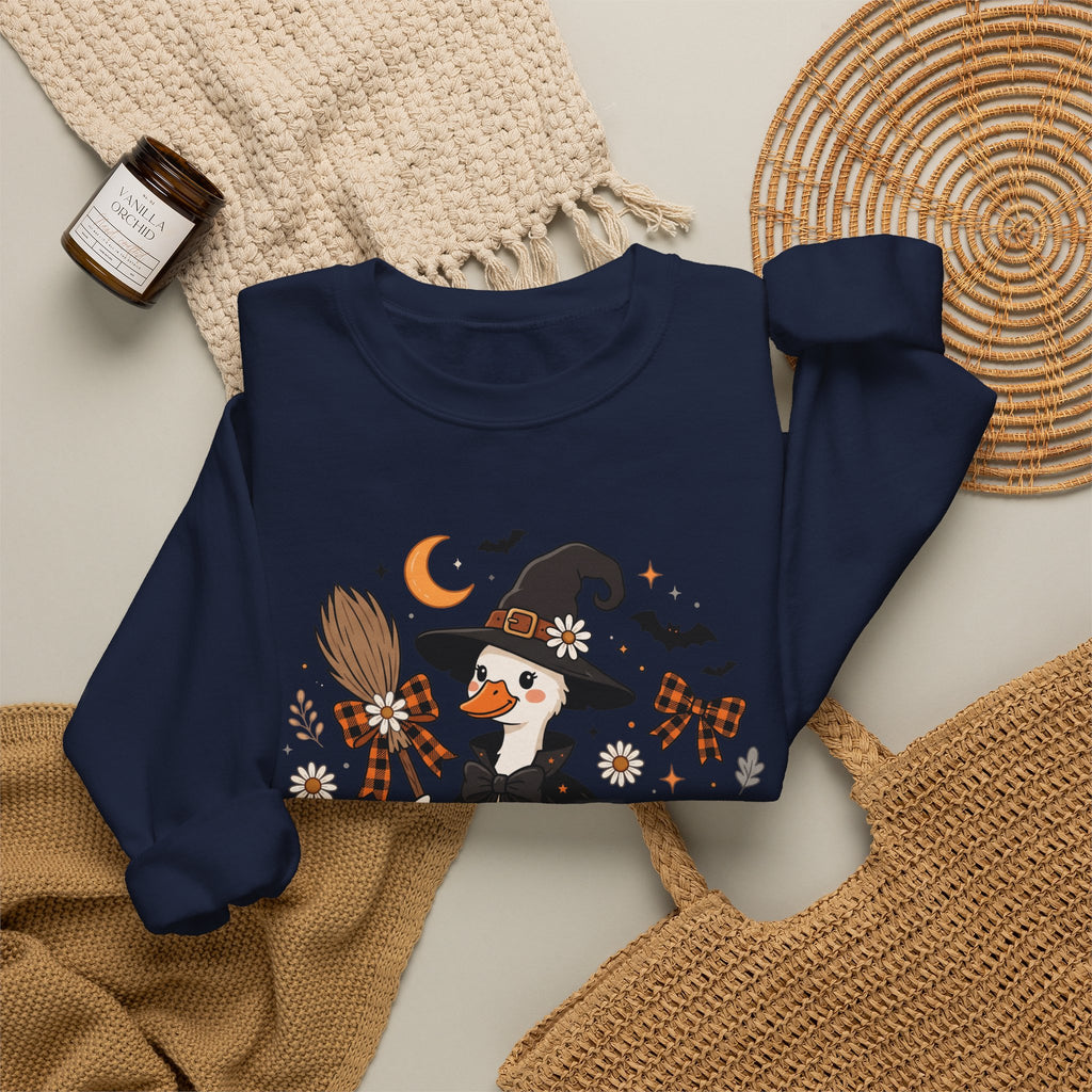 Halloween Duck Witch Crewneck Sweatshirt — Cute Pumpkin & Cauldron Graphic