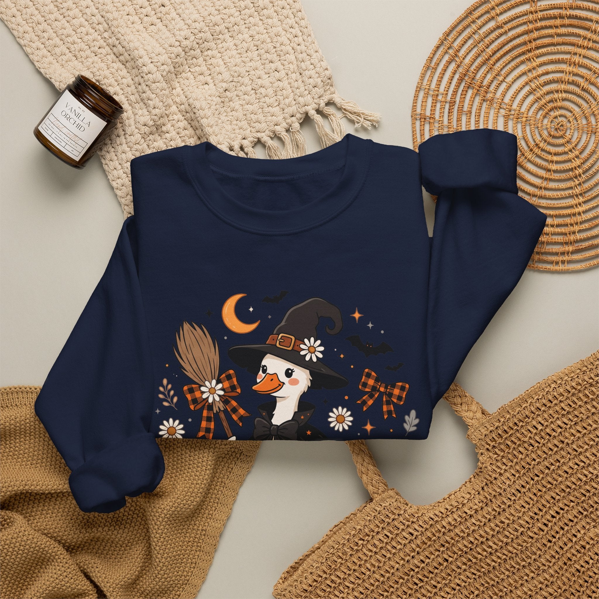 Halloween Duck Witch Crewneck Sweatshirt — Cute Pumpkin & Cauldron Graphic