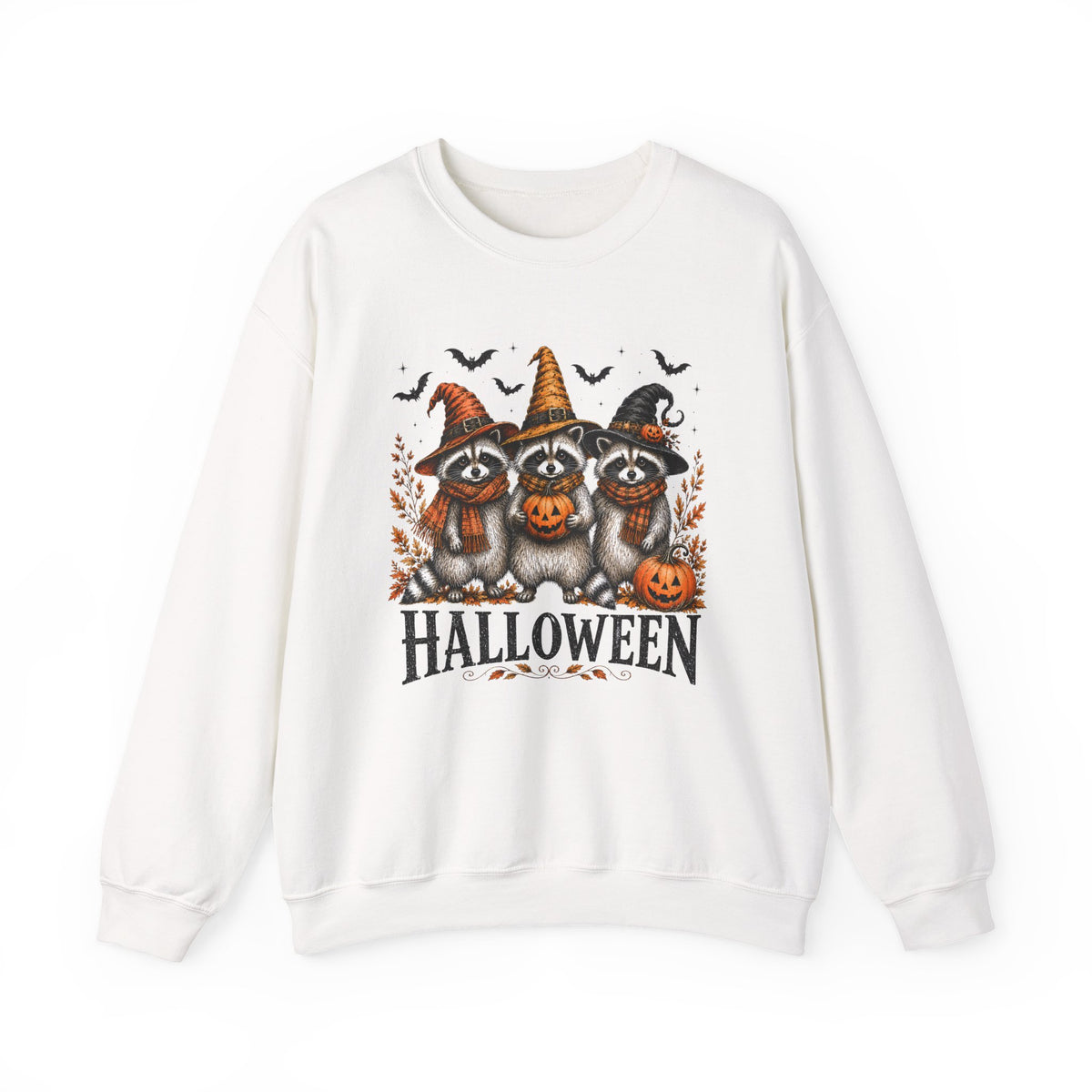 Halloween Raccoon Crewneck Sweatshirt — Cute Witch Hats & Pumpkin Design