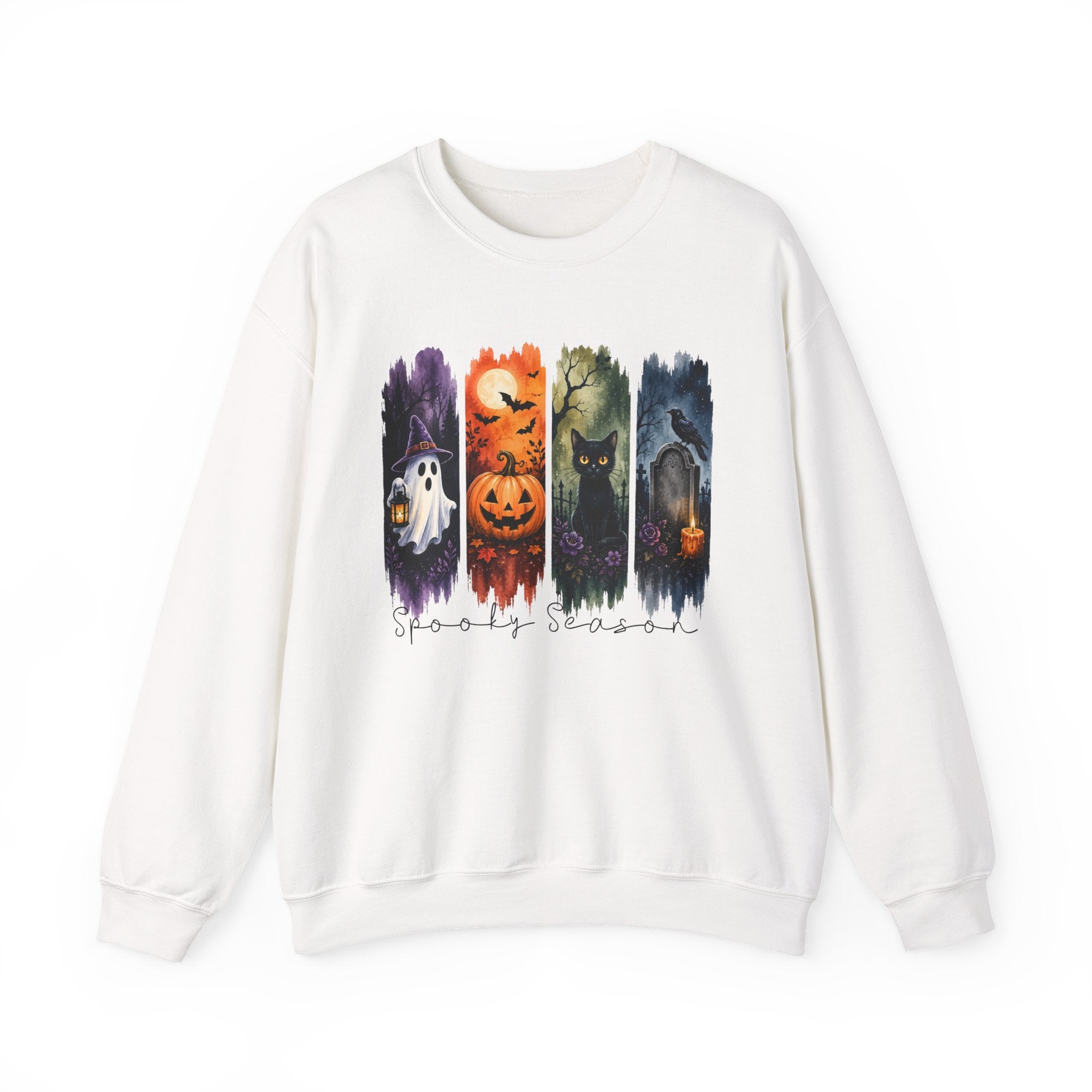 Halloween Seasons Crewneck Sweatshirt — Spooky Ghost, Jack-o'-Lantern & Haunted Night Design