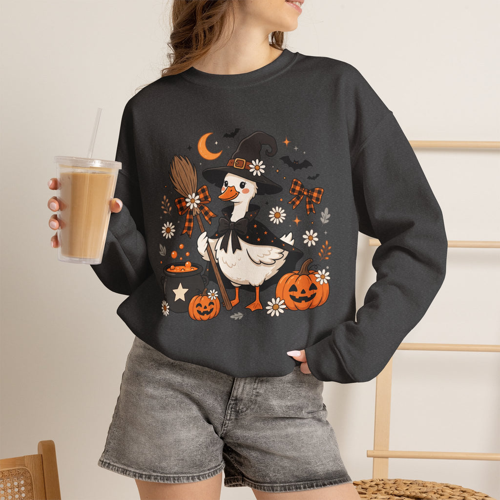 Halloween Duck Witch Crewneck Sweatshirt — Cute Pumpkin & Cauldron Graphic