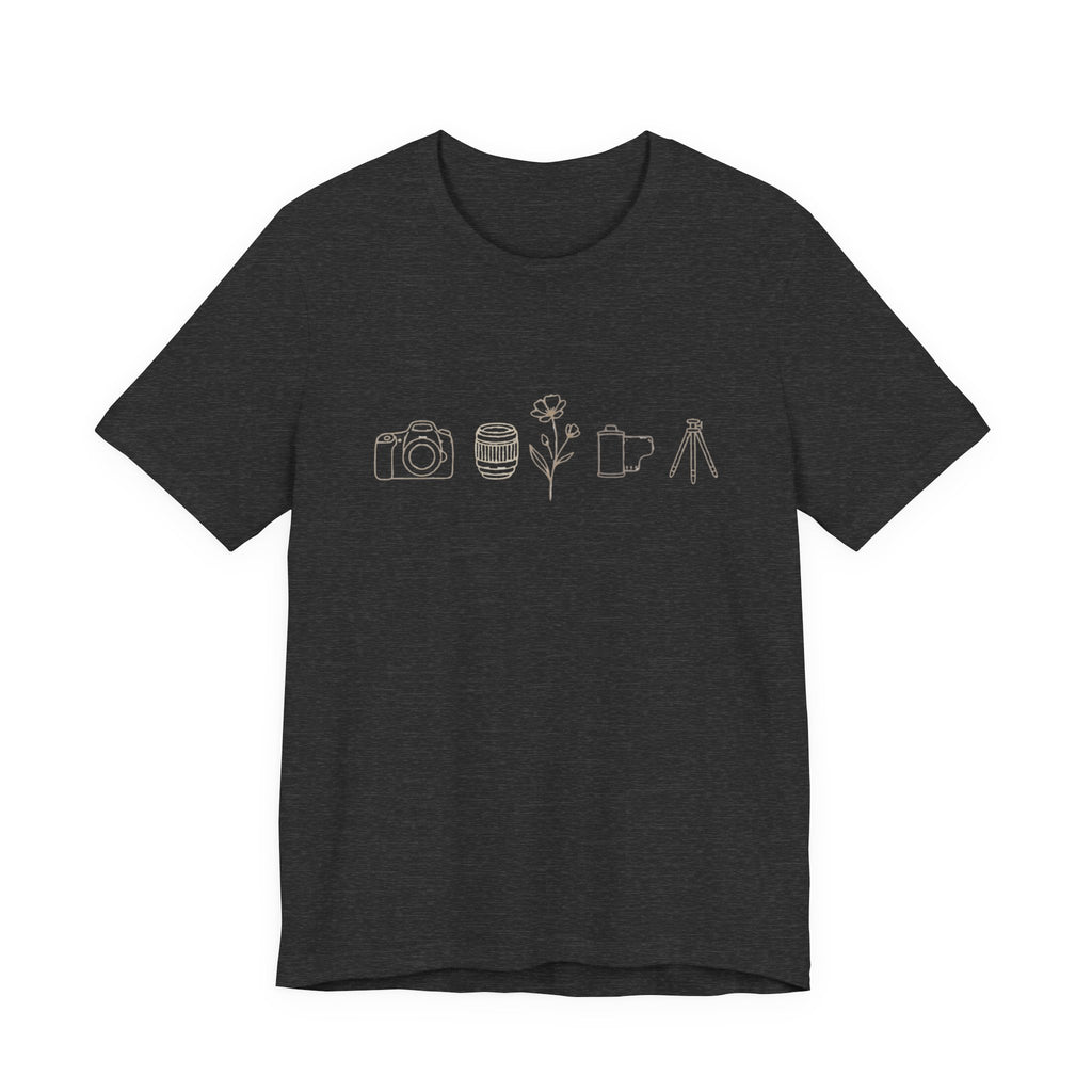 Photography Icons Tee — Minimal Camera, Film, Flower & Tripod Graphic Shirt
