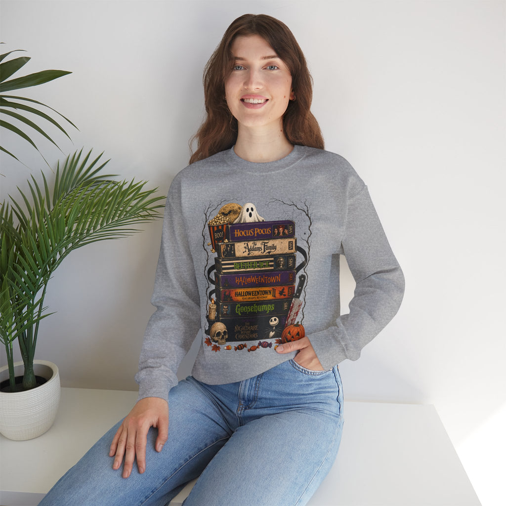 Halloween Book Stack Crewneck Sweatshirt — Spooky Classics Stack with Pumpkin & Skulls
