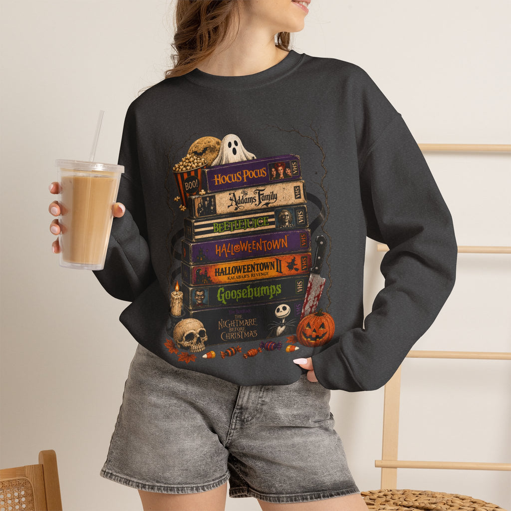 Halloween Book Stack Crewneck Sweatshirt — Spooky Classics Stack with Pumpkin & Skulls
