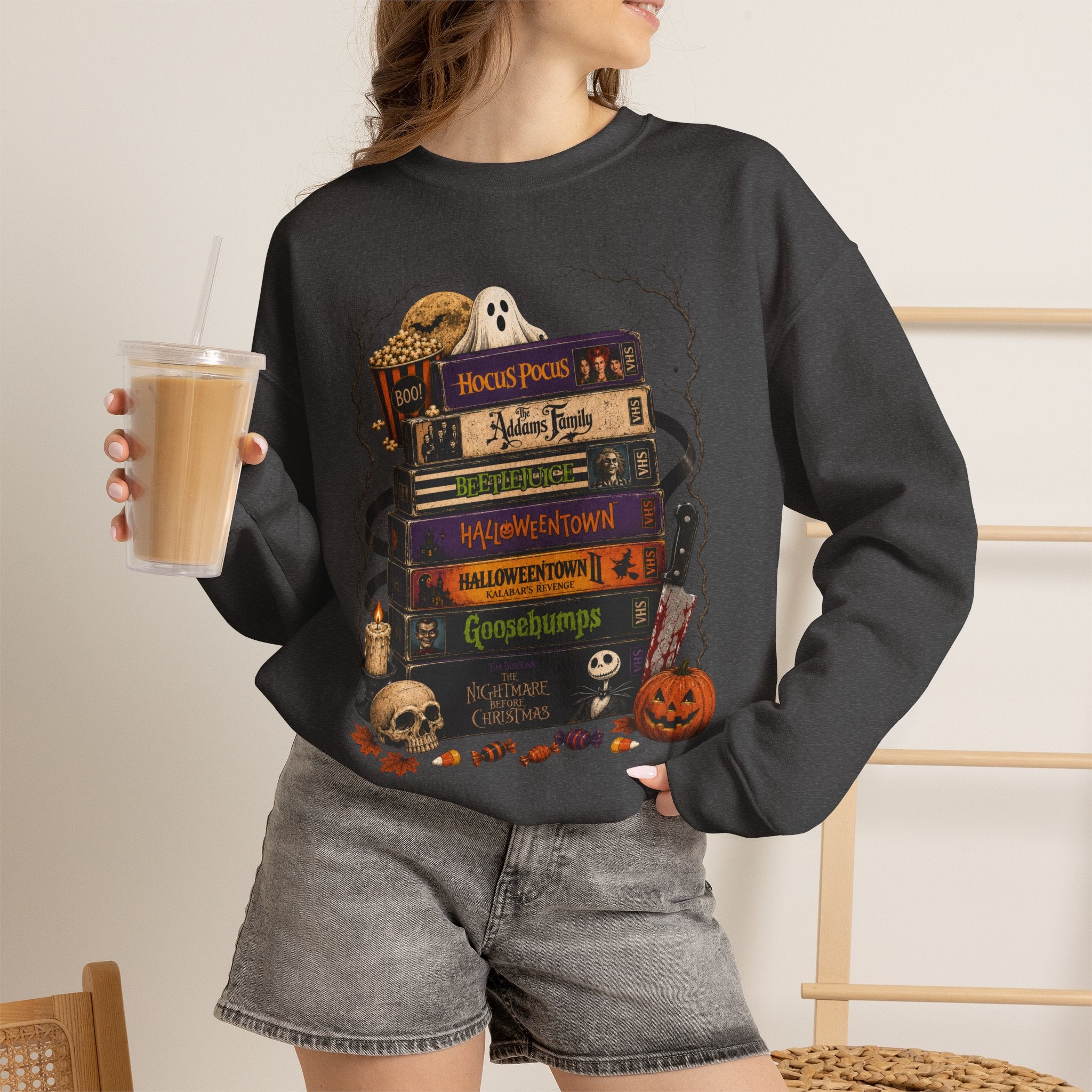 Halloween Book Stack Crewneck Sweatshirt — Spooky Classics Stack with Pumpkin & Skulls