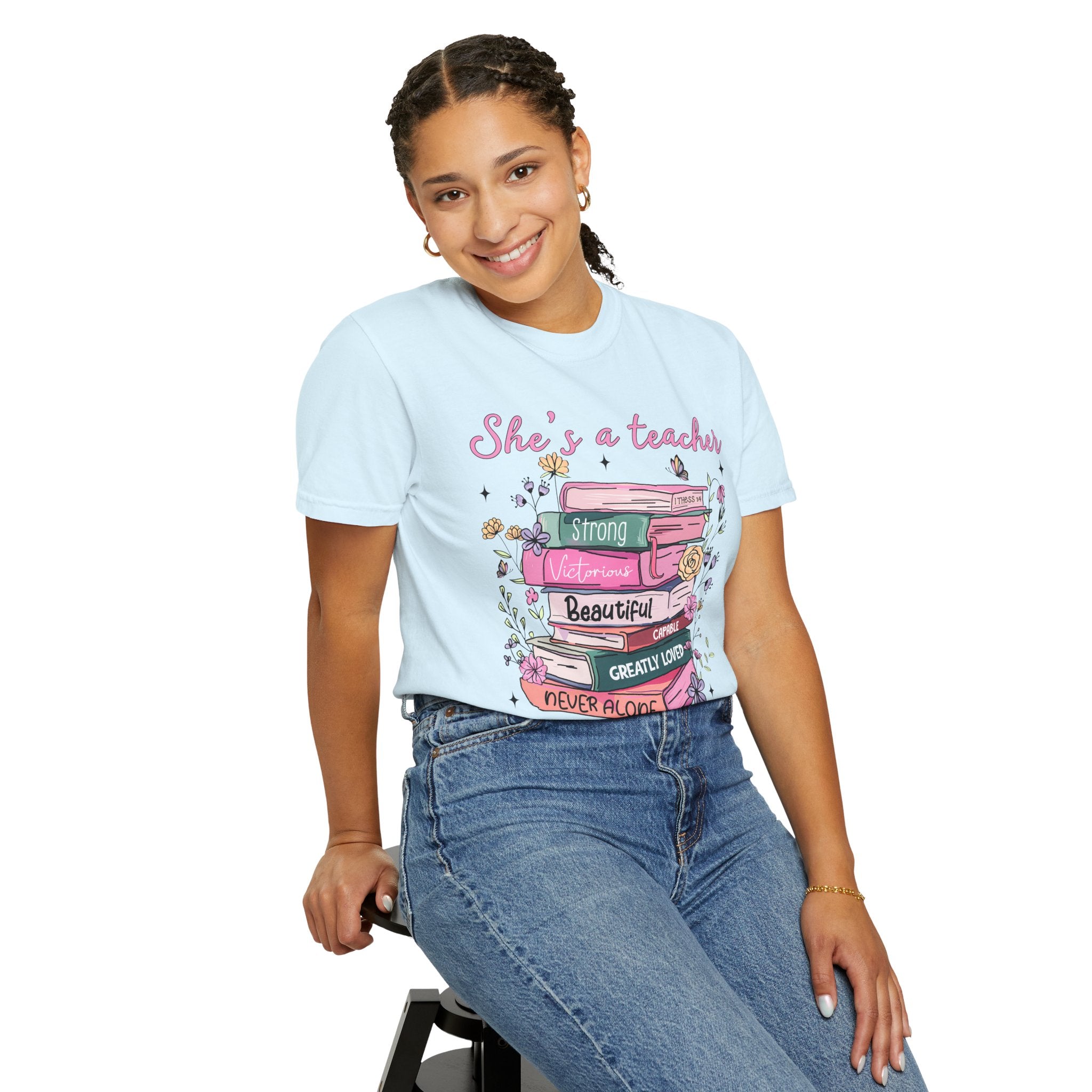 Teacher Appreciation T-Shirt — "She's a Teacher" Floral Stack Design