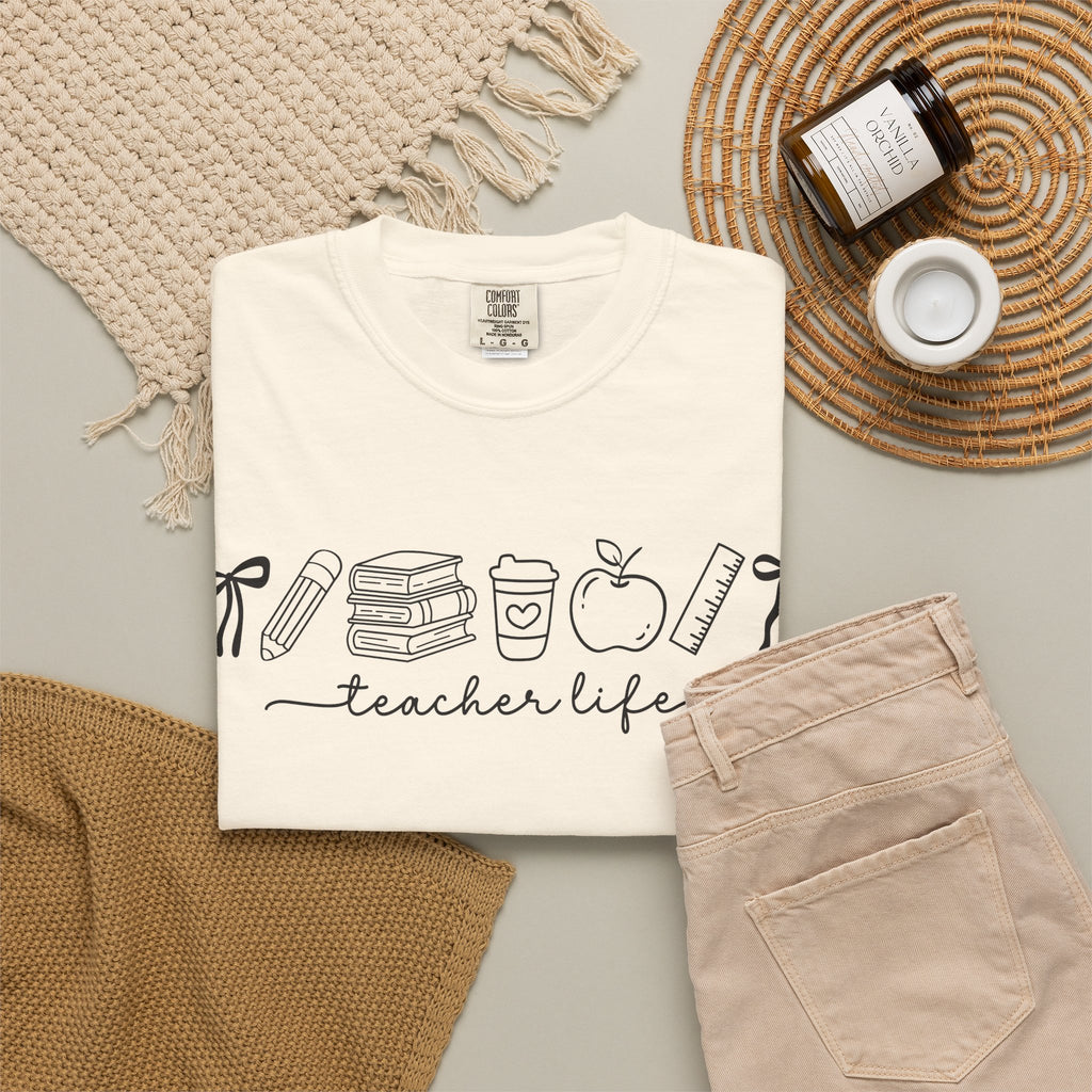 Teacher Life Tee — Minimalist Apple, Books & Coffee Graphic T-Shirt