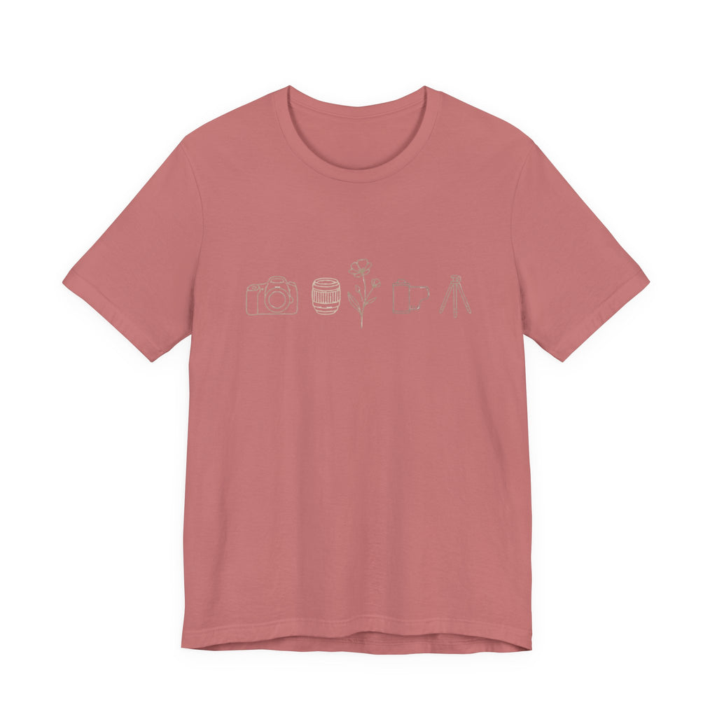 Photography Icons Tee — Minimal Camera, Film, Flower & Tripod Graphic Shirt