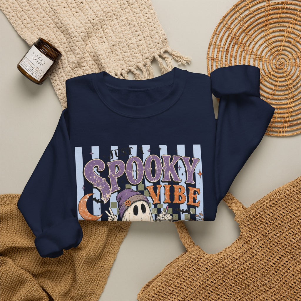 Spooky Vibe Crewneck Sweatshirt — Cute Halloween Ghost Pumpkin Graphic