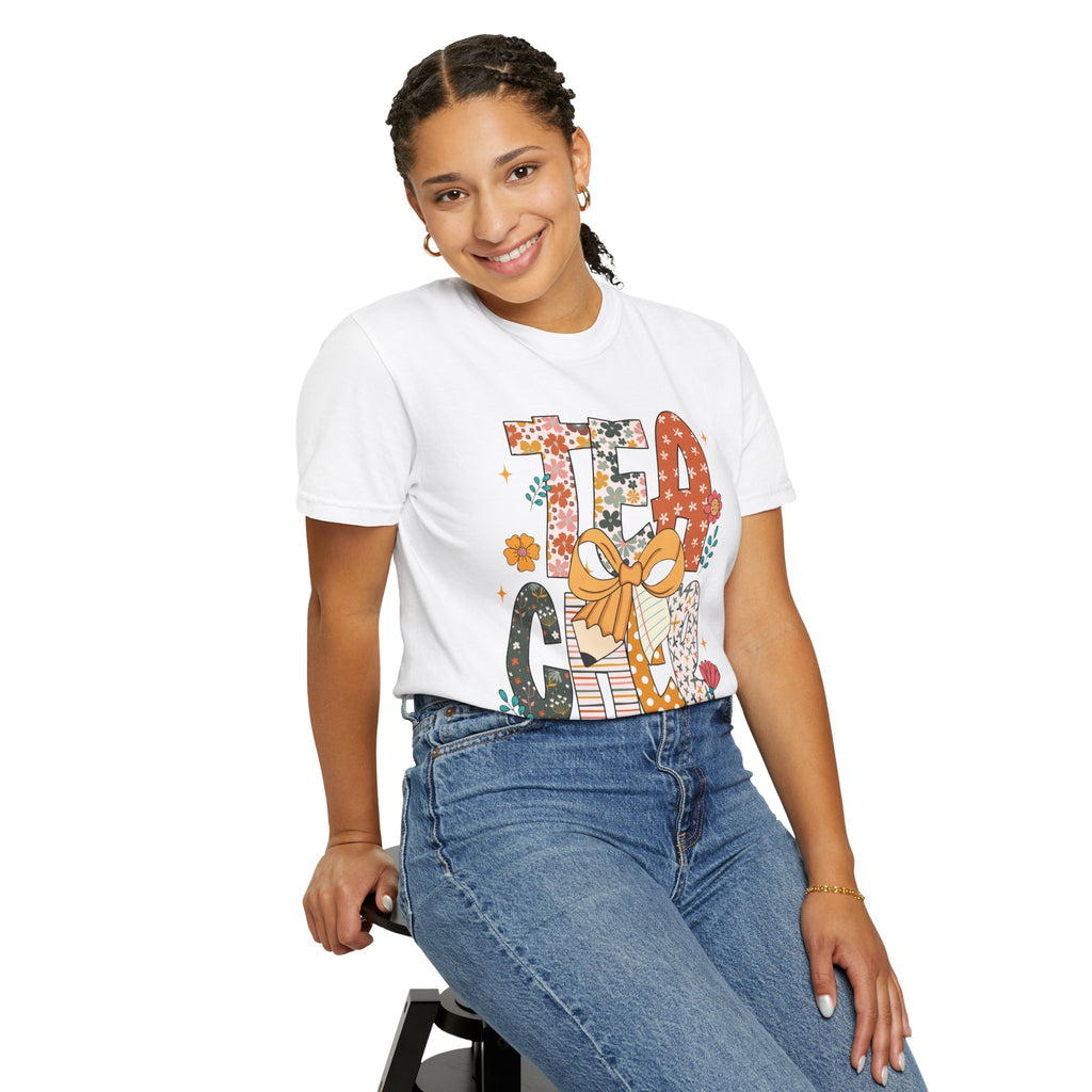 Teacher Graphic T-Shirt — Floral "Teacher" Design with Ribbon