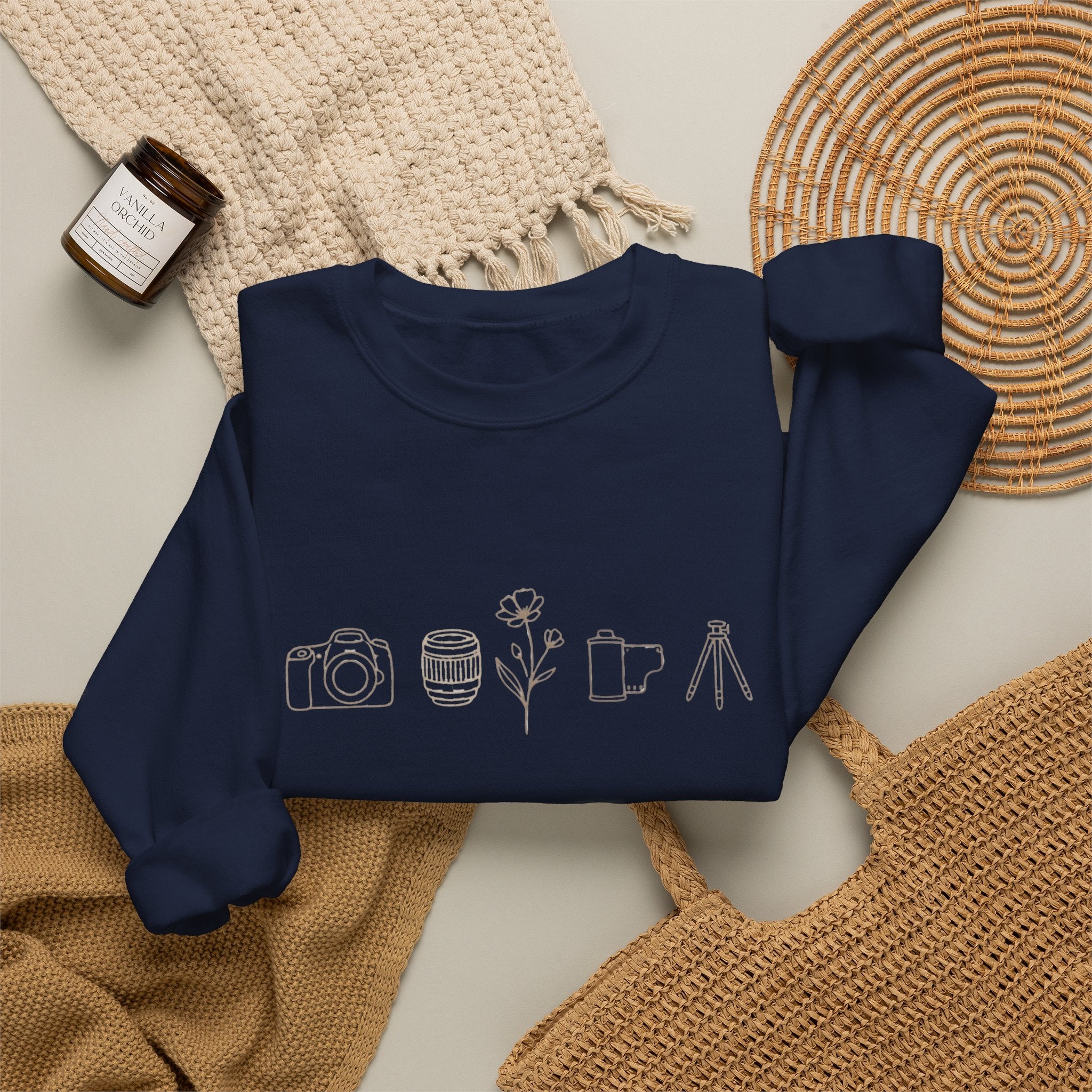 Photography Icons Crewneck Sweatshirt — Minimal Camera, Lens, Film & Tripod Design