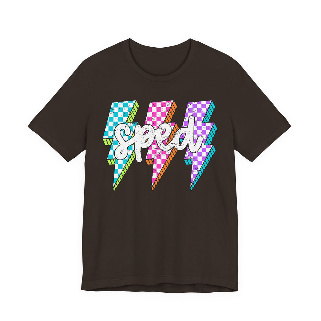 Speed Lightning Tee — Retro Checkerboard Bolt Graphic T-Shirt
