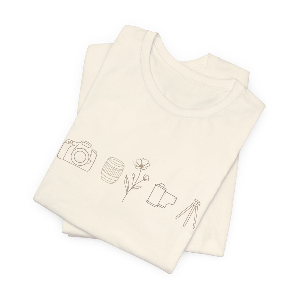 Photography Icons Tee — Minimal Camera, Film, Flower & Tripod Graphic Shirt
