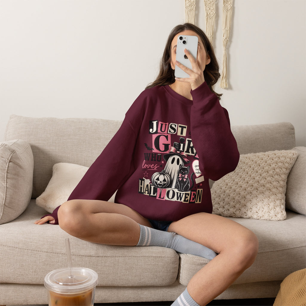 Halloween Sweatshirt — "Just a Girl Who Loves Halloween" Cute Ghost & Pumpkin Crewneck
