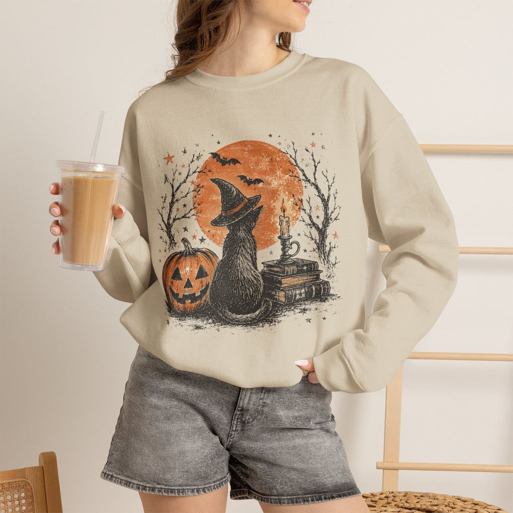 Crewneck Sweatshirt — Halloween Cat Witch Moon Graphic