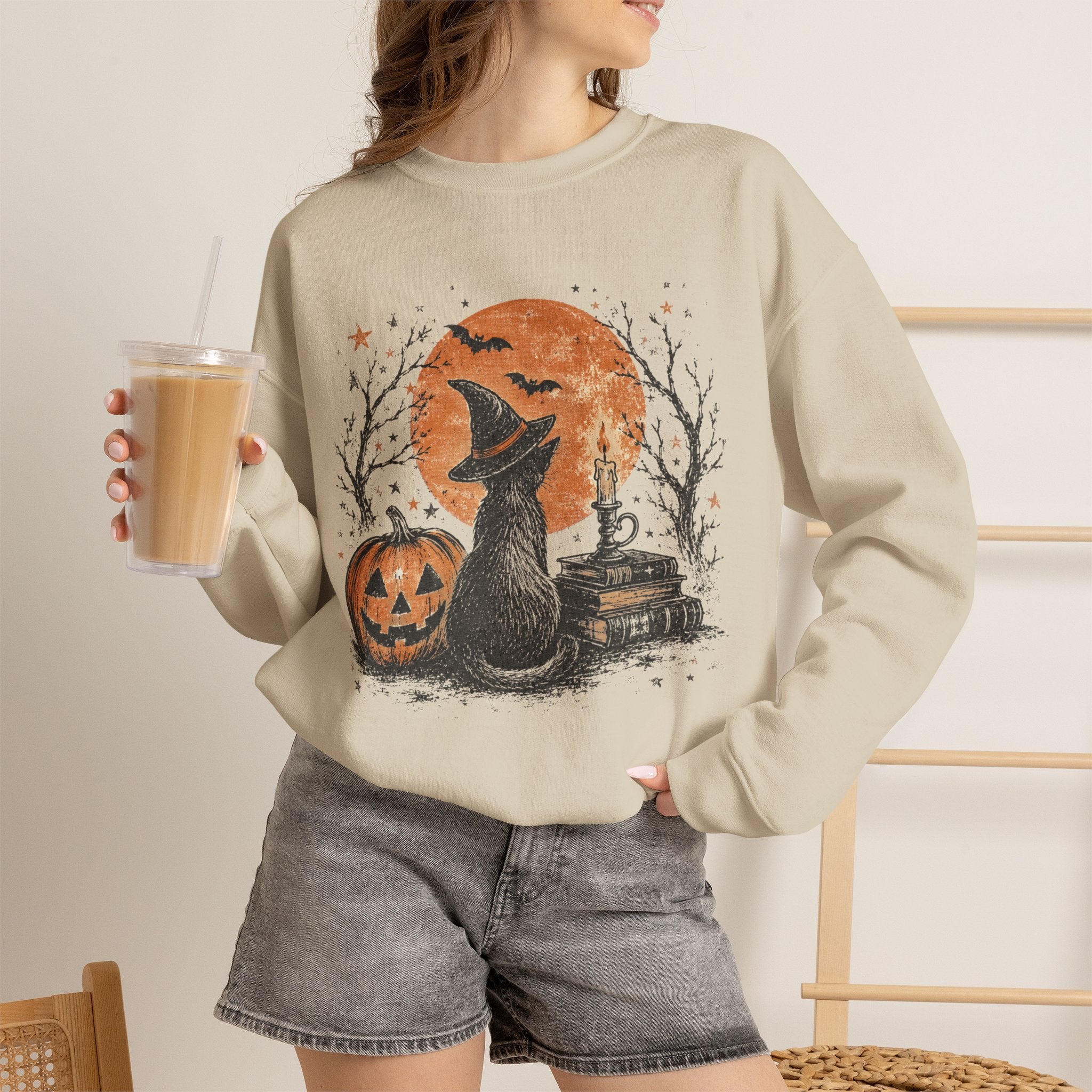 Crewneck Sweatshirt — Halloween Cat Witch Moon Graphic