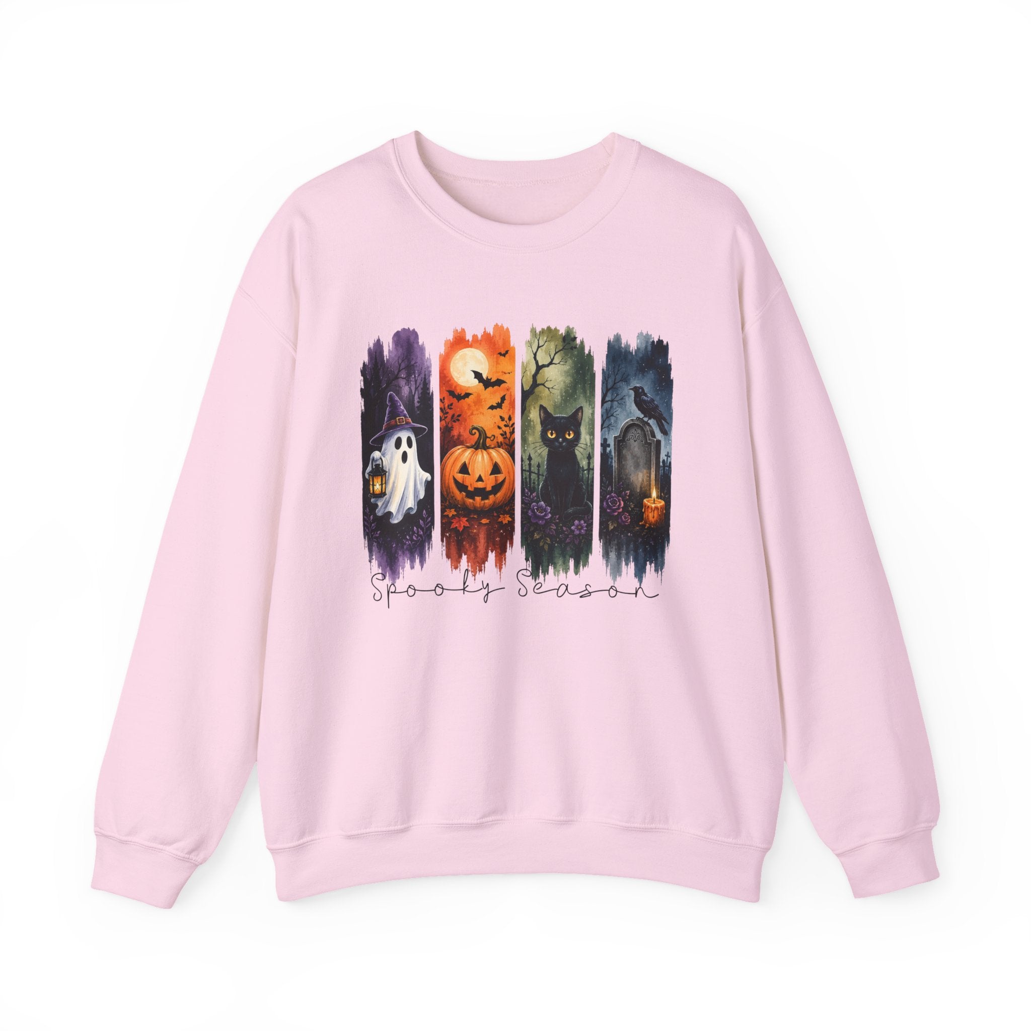 Halloween Seasons Crewneck Sweatshirt — Spooky Ghost, Jack-o'-Lantern & Haunted Night Design