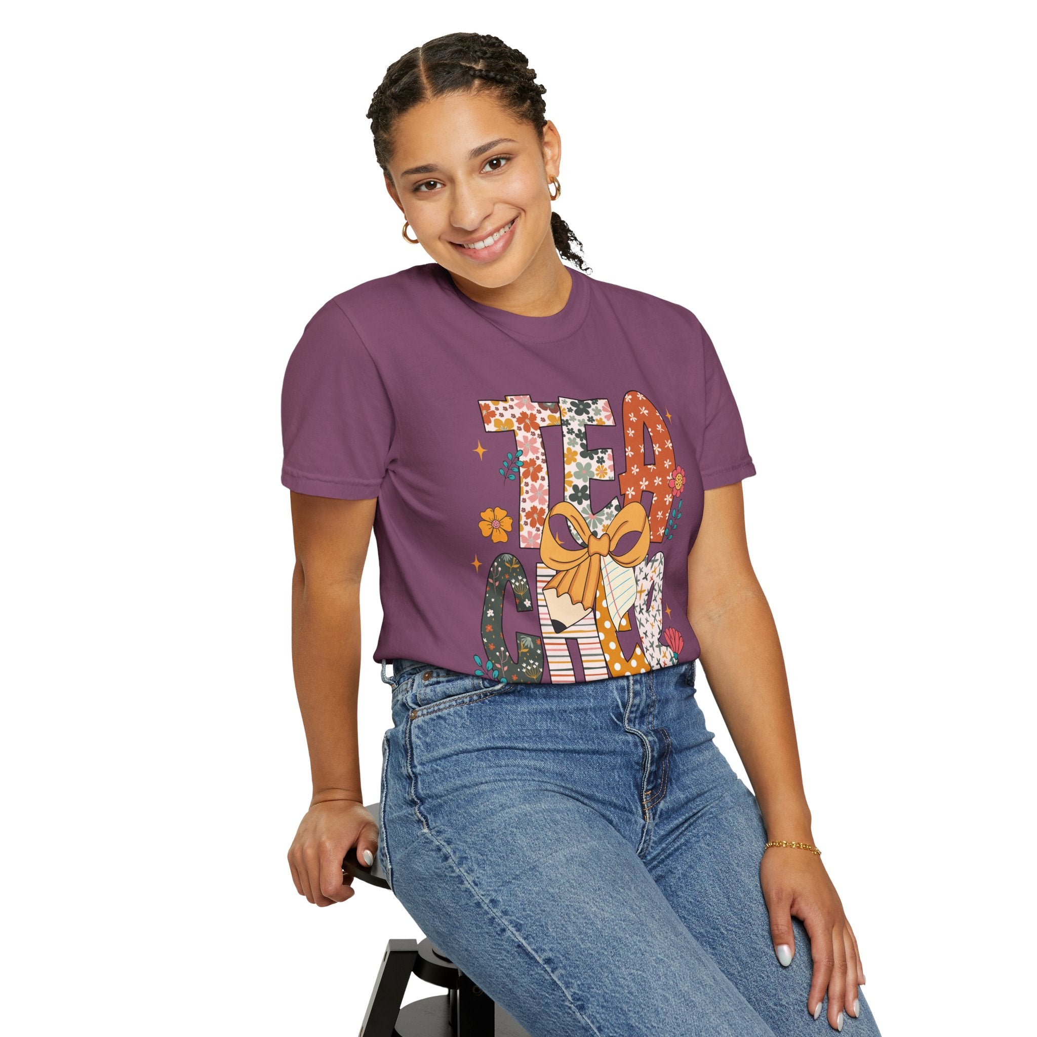 Teacher Graphic T-Shirt — Floral "Teacher" Design with Ribbon
