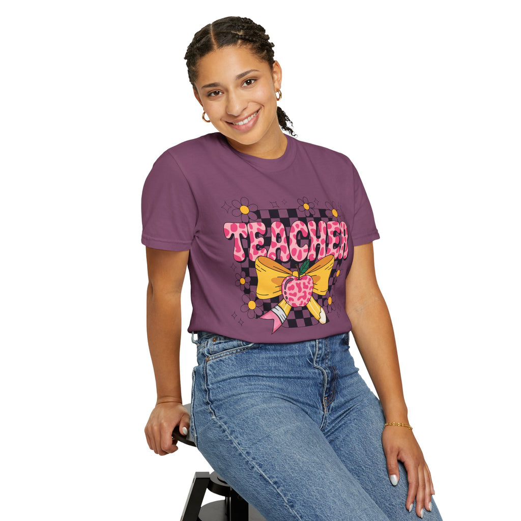 Teacher Floral Bow T‑Shirt — Cute Checkerboard & Heart Design for Educators