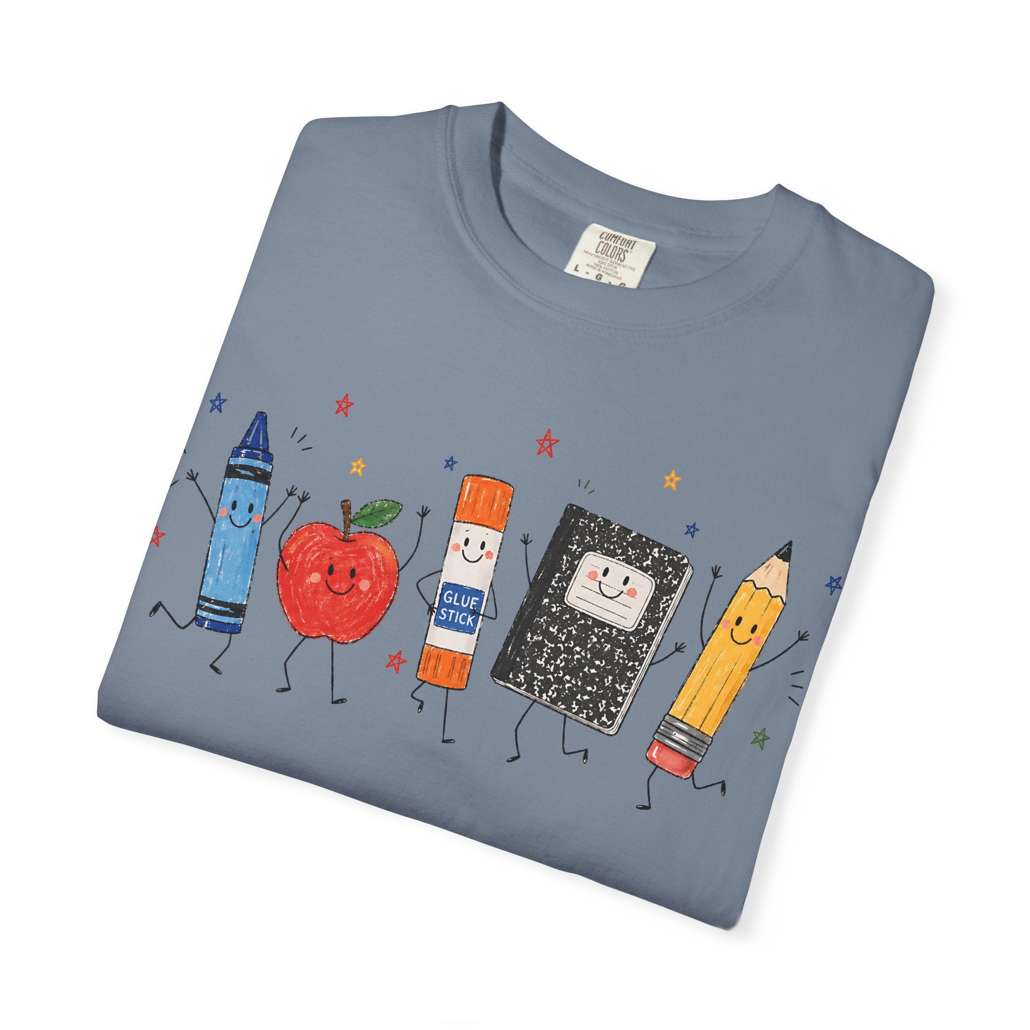 Cute School Supplies Teacher T-Shirt — Happy Apple, Crayon & Pencil Graphic Tee
