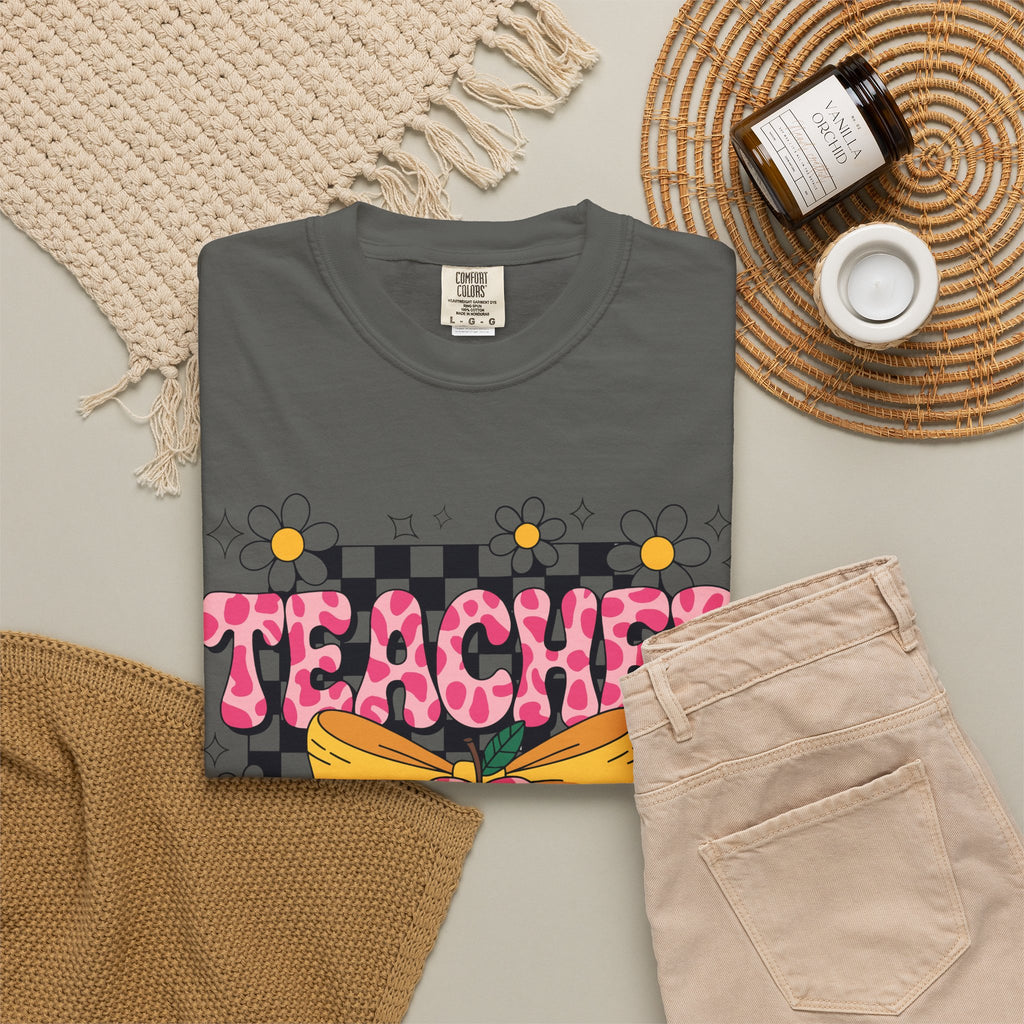Teacher Floral Bow T‑Shirt — Cute Checkerboard & Heart Design for Educators
